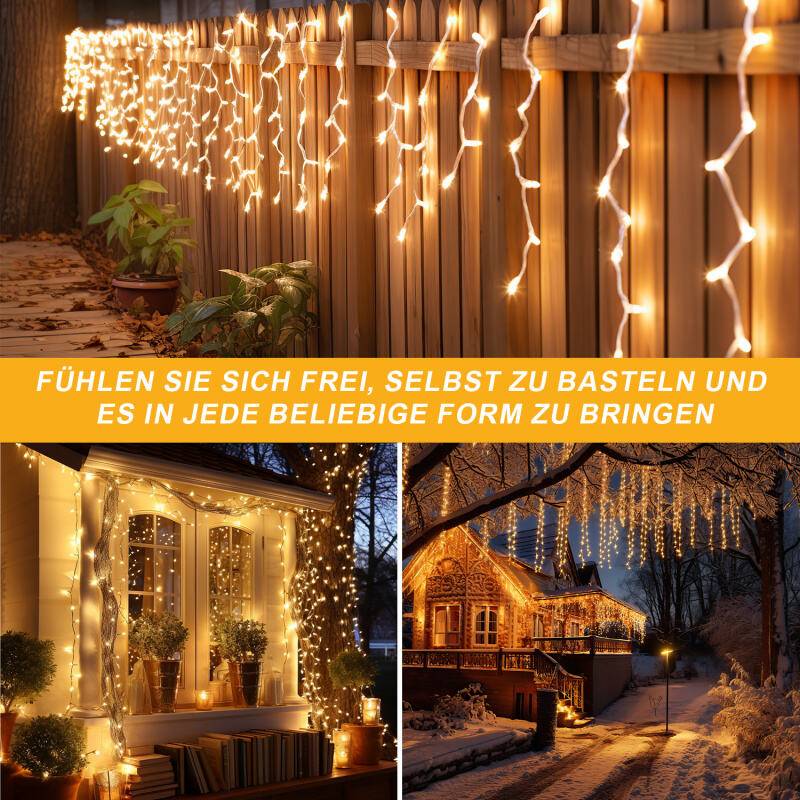 10M 200LEDs Eisregen Lichterkette Warmweiß, Fenster Lichtervorhang mit 8 Modi IP44 Wasserfest, Weihnachtsbeleuchtung Party Balkon Garten Deko