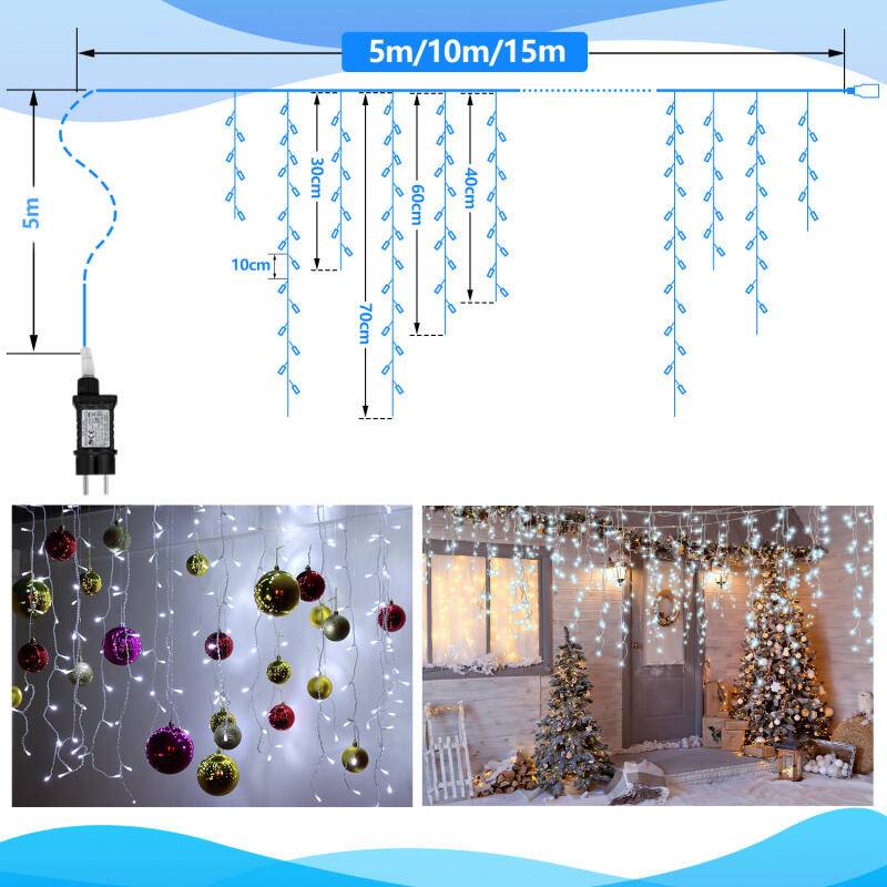 10M 200LEDs Eisregen Lichterkette Kaltweiß, Fenster Lichtervorhang mit 8 Modi IP44 Wasserfest, Weihnachtsbeleuchtung Party Balkon Garten Deko