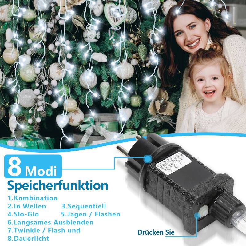 10M 200LEDs Eisregen Lichterkette Kaltweiß, Fenster Lichtervorhang mit 8 Modi IP44 Wasserfest, Weihnachtsbeleuchtung Party Balkon Garten Deko