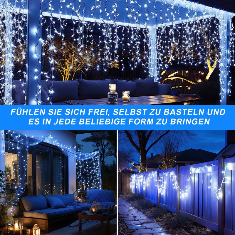 10M 200LEDs Eisregen Lichterkette Kaltweiß, Fenster Lichtervorhang mit 8 Modi IP44 Wasserfest, Weihnachtsbeleuchtung Party Balkon Garten Deko