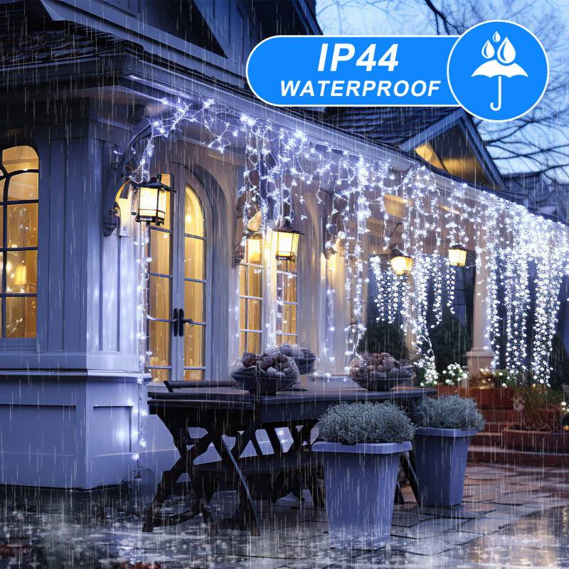 10M 200LEDs Eisregen Lichterkette Kaltweiß, Fenster Lichtervorhang mit 8 Modi IP44 Wasserfest, Weihnachtsbeleuchtung Party Balkon Garten Deko