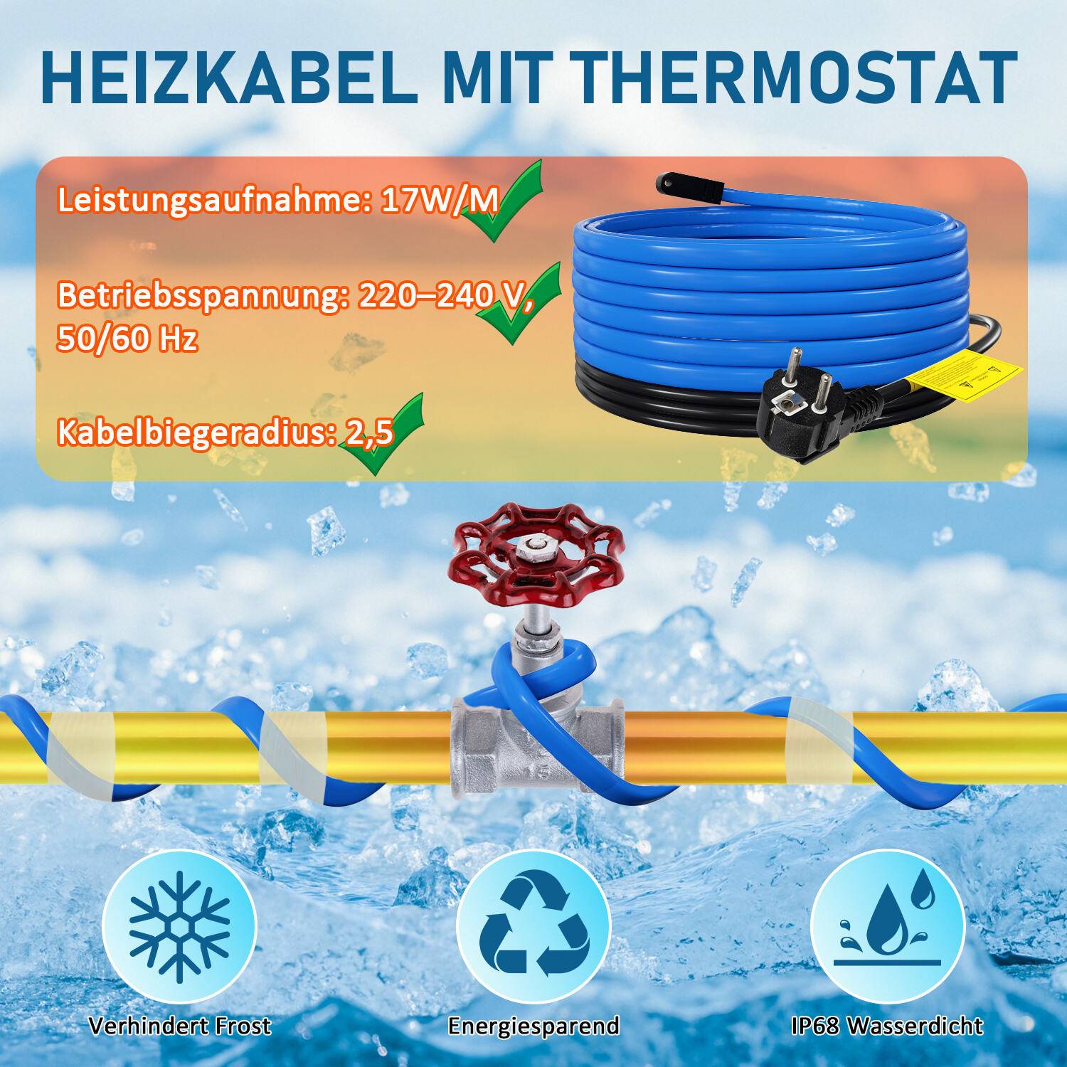 2m 34W Frostschutz Heizkabel mit Thermostat Rohrheizkabel Heizleitung für Wasserleitung Wasserdicht Rohrleitungen Inkl. 10m Klebeband IP68