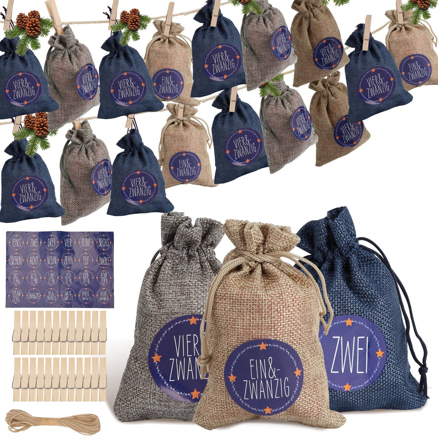 Adventskalender zum Befüllen 2025, 24 Stück Weihnachtskalender, Weihnachtsdeko Säckchen/Tüten, Säckchen DIY Weihnachtsdeko,Blau/weiß/grau