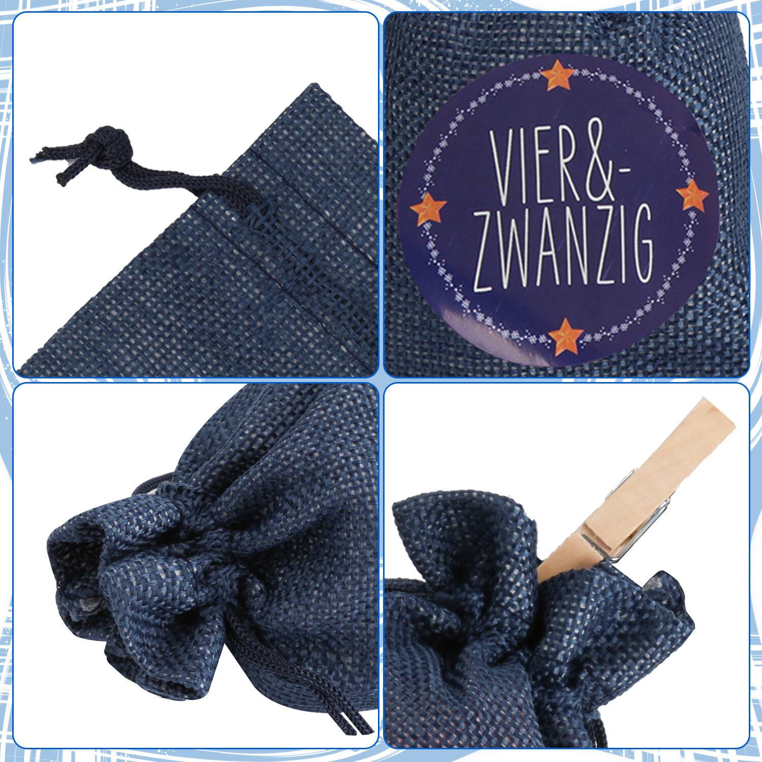 Adventskalender zum Befüllen 2025, 24 Stück Weihnachtskalender, Weihnachtsdeko Säckchen/Tüten, Säckchen DIY Weihnachtsdeko,Blau/weiß/grau