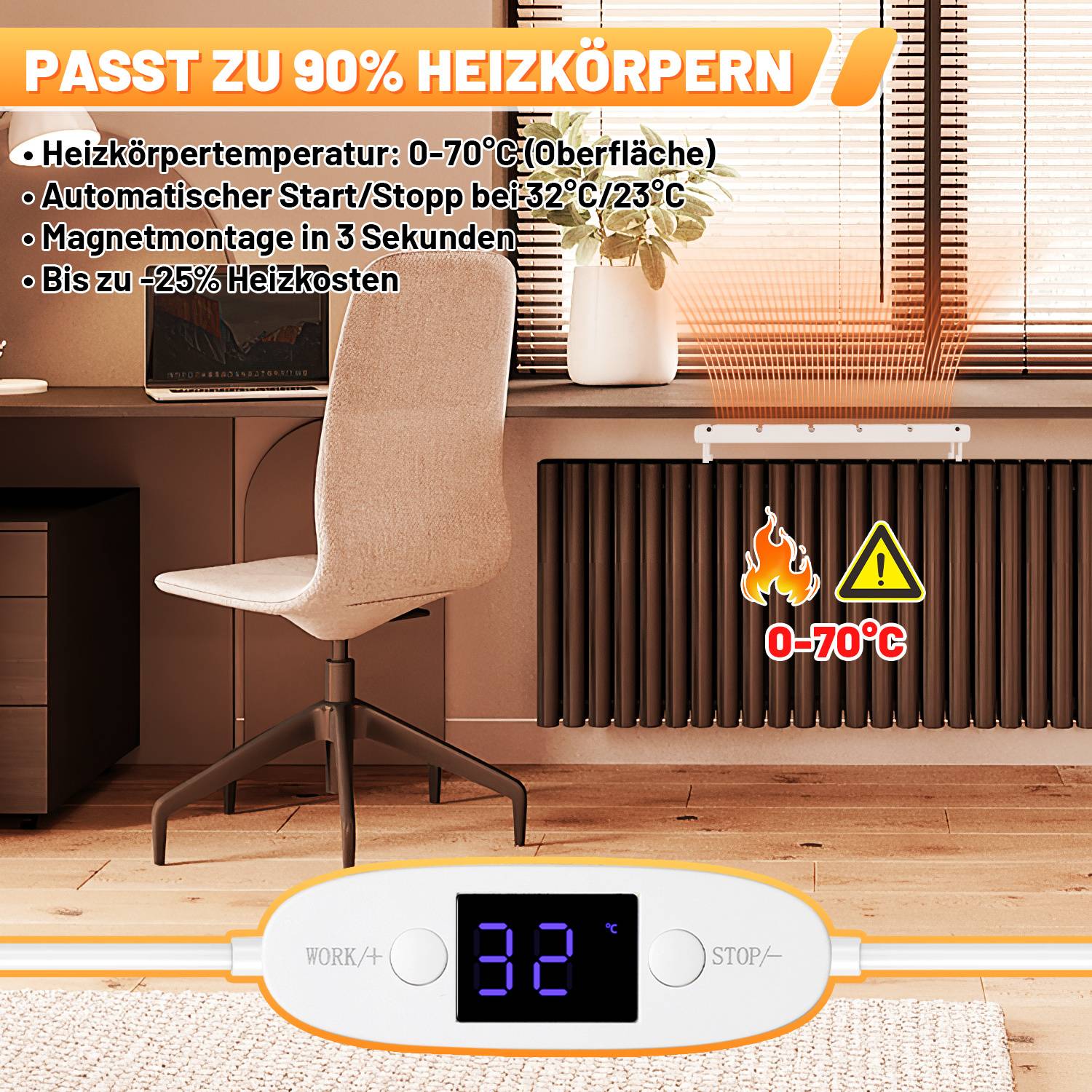 Anzeige für einen magnetischen Heizkörper-Thermostatregler, der zu 90% aller Heizungen passt und im Bereich von 0-70°C funktioniert, mit digitaler 32°C-Anzeige.