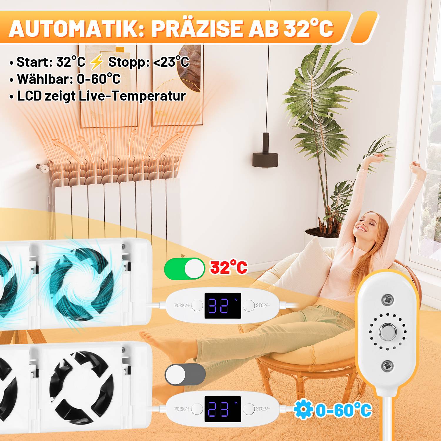 AUTOMATIK: PRÄZISE AB 32°C'; startet bei 32°C, stoppt unter 23°C, einstellbar 0–60°C, LCD-Echtzeit-Temperaturanzeige, mit Ein-/Aus-Beispielen.