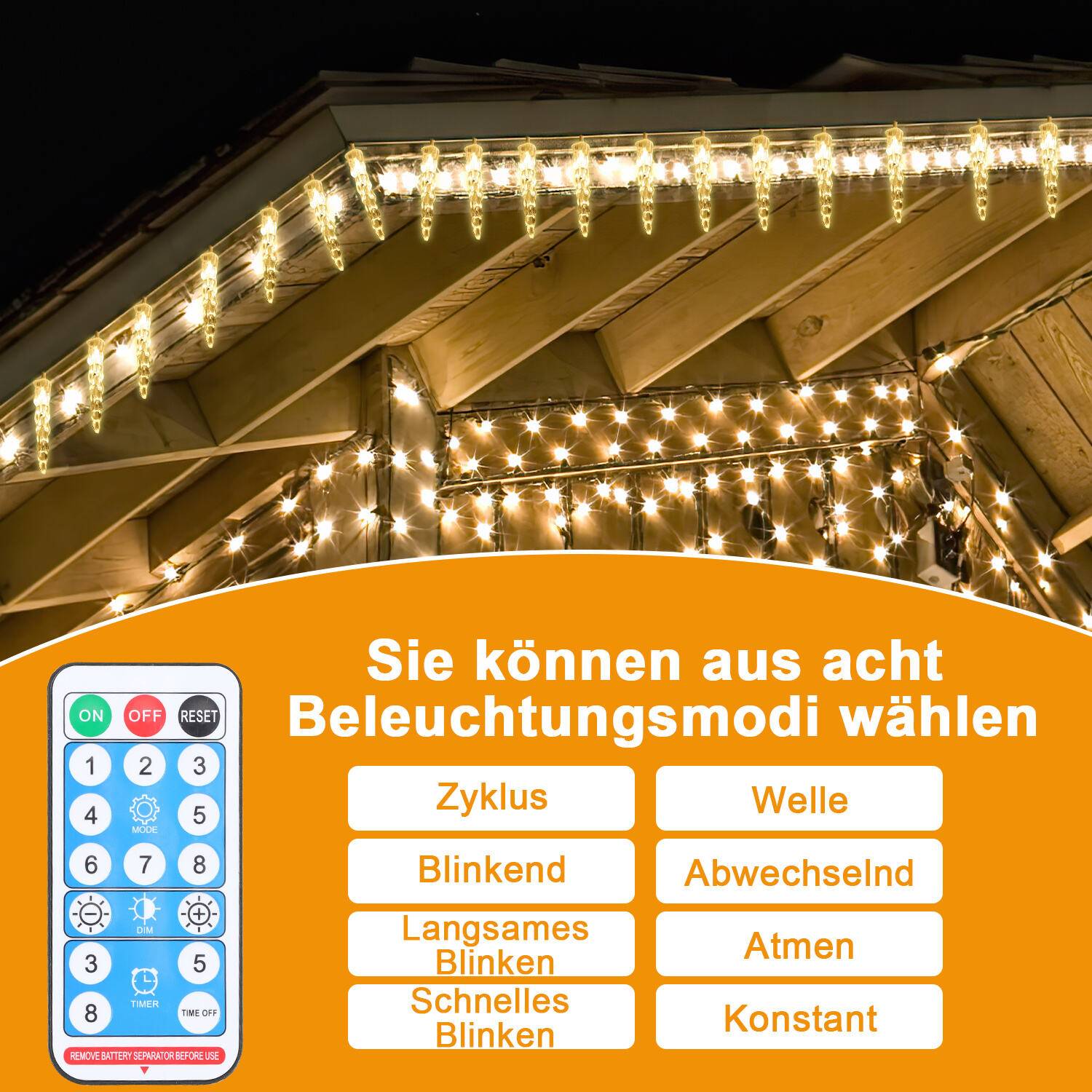 10M 80 LED Solar Eiszapfen Lichterkette für Innen- und Außenbereich 8 Modi IP44 Party Garten Lichtervorhang – Warmweiß