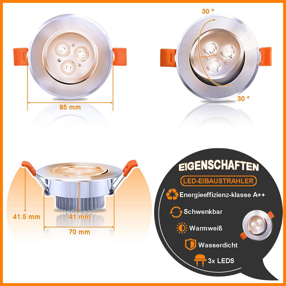 20x LED Einbauleuchte 3W schwenkbar Deckenstrahler Warmweiß 3200K 85mm 245LM für Küche Bad Wohnzimmer
