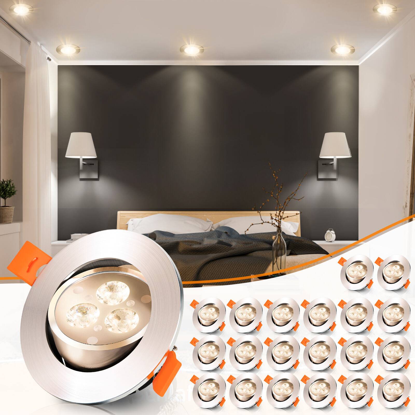 20x LED Einbauleuchte 3W Deckenstrahler schwenkbar Warmweiß 3200K 81mm 210LM für Küche Bad Wohnbereich
