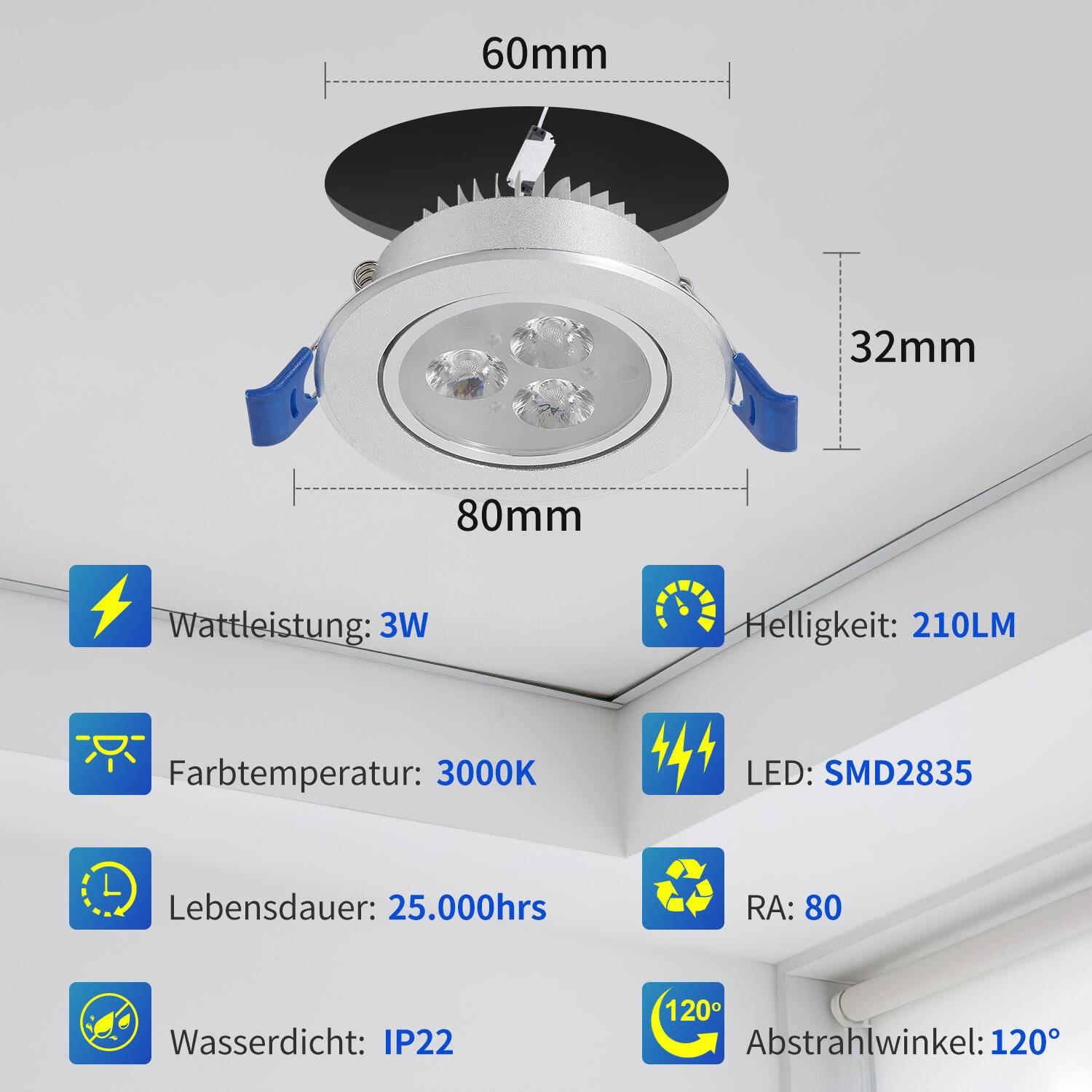 20x LED Einbaustrahler Deckenspot drehbar Warmweiß 3200K 80mm 210LM Einbauleuchte für Badezimmer Küche