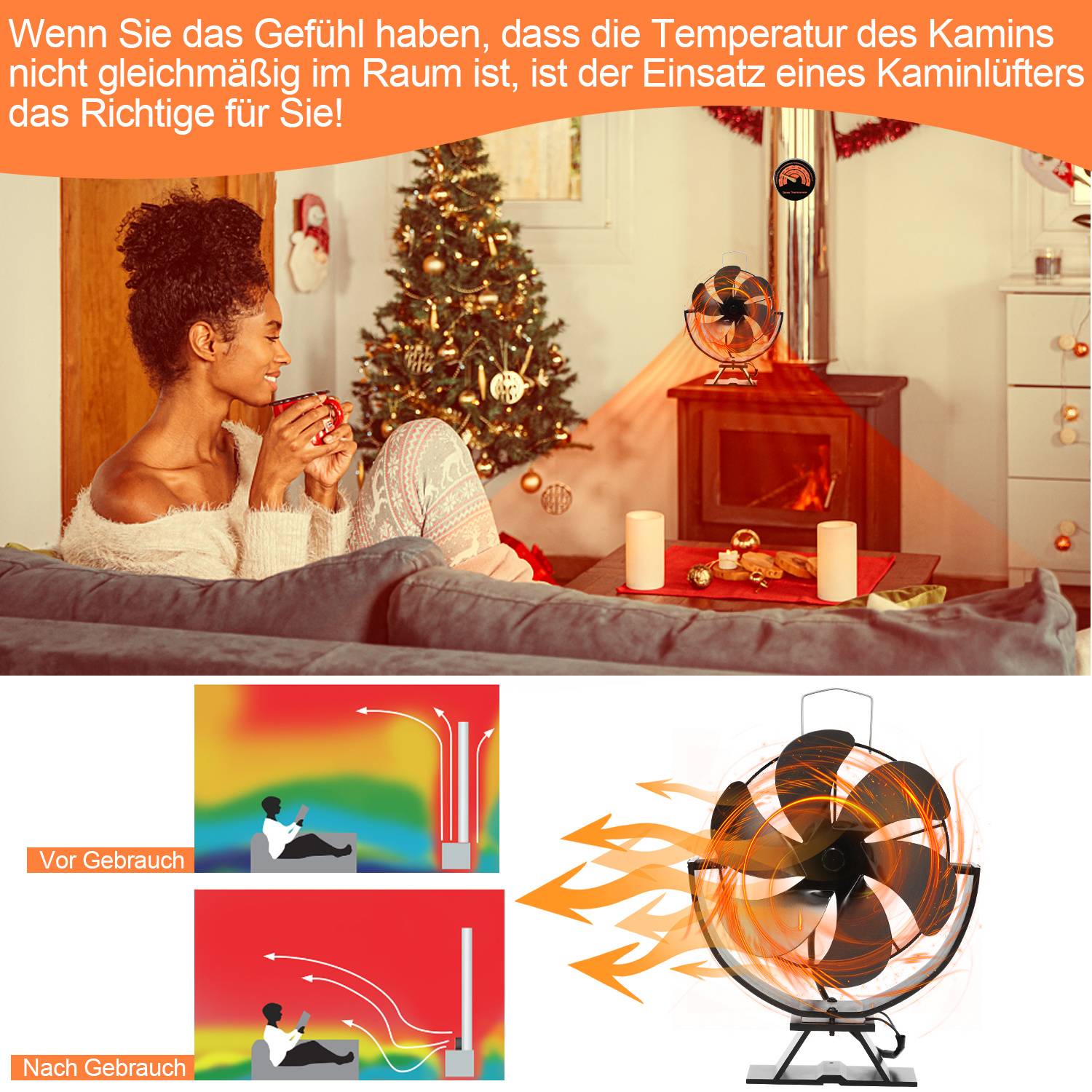 6 Blätter Kaminventilator Ofenventilator Kaminofen Ventilator Gebläse Lüfter Stromloser Holzofenventilator Kamin Lüfter für Holz/Brennholz/Feuers