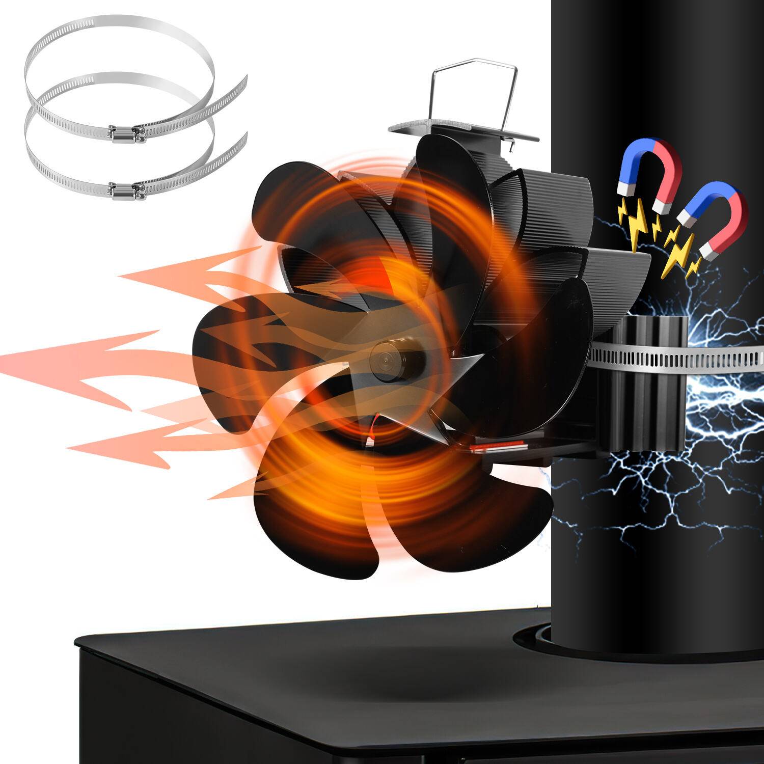 6 Flügel Kaminofen Ventilator Kaminventilator Ofenventilator Stromloser Lüfter Stove Fan Gebläse ohne Strom für Kamin Holzöfen Öfen Geräuscharm