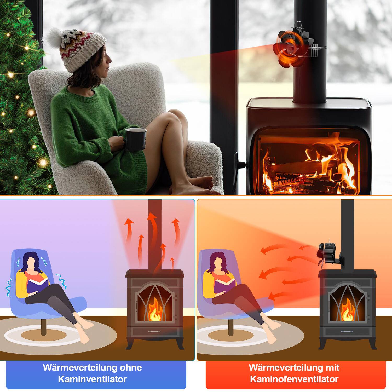 6 Flügel Kaminofen Ventilator Kaminventilator Ofenventilator Stromloser Lüfter Stove Fan Gebläse ohne Strom für Kamin Holzöfen Öfen Geräuscharm