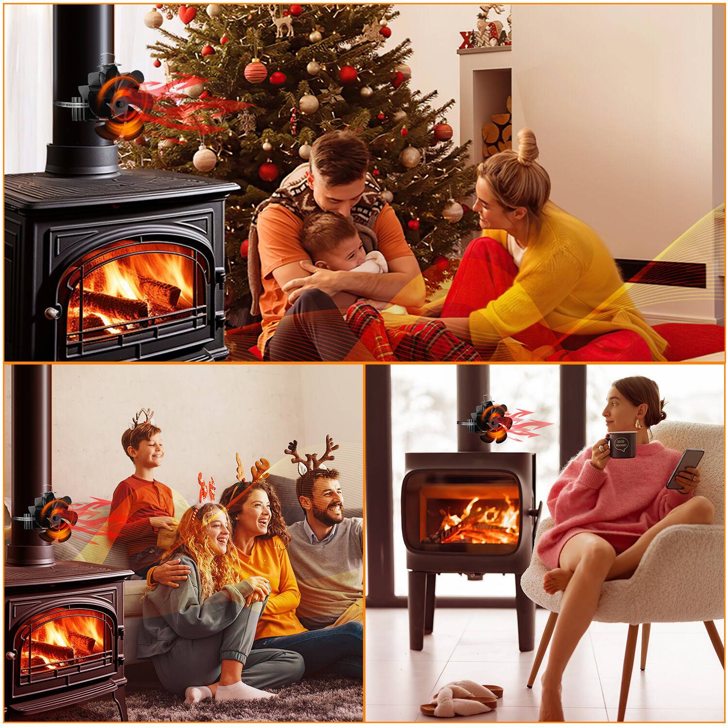 6 Flügel Kaminofen Ventilator Kaminventilator Ofenventilator Stromloser Lüfter Stove Fan Gebläse ohne Strom für Kamin Holzöfen Öfen Geräuscharm