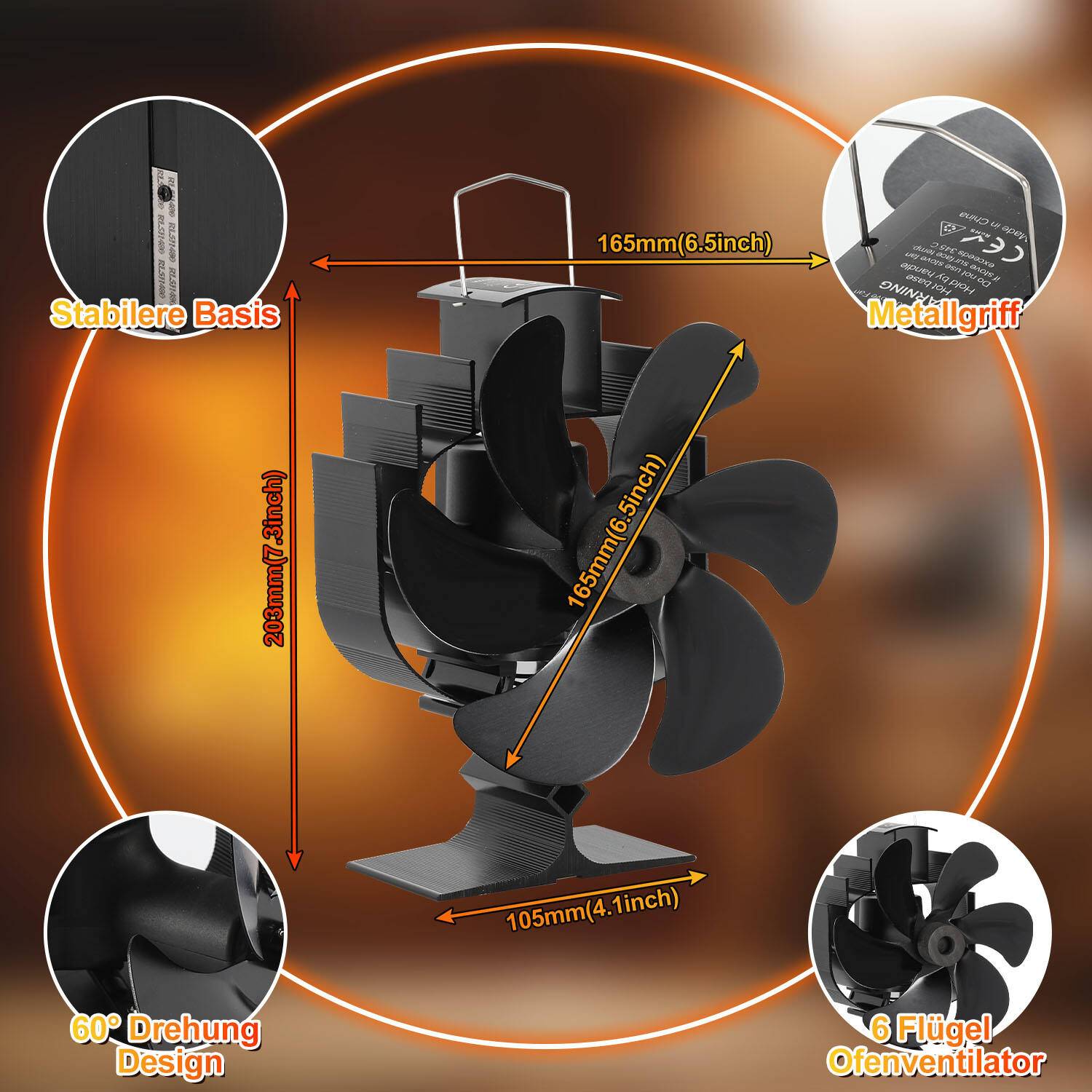 Kaminofen Ventilator - Karussell Ofenventilator wärmebetrieben - Kamin Ventilator - Lüfter für Kaminöfen Holzöfen Öfen - 6 Flügel Rotorblätter