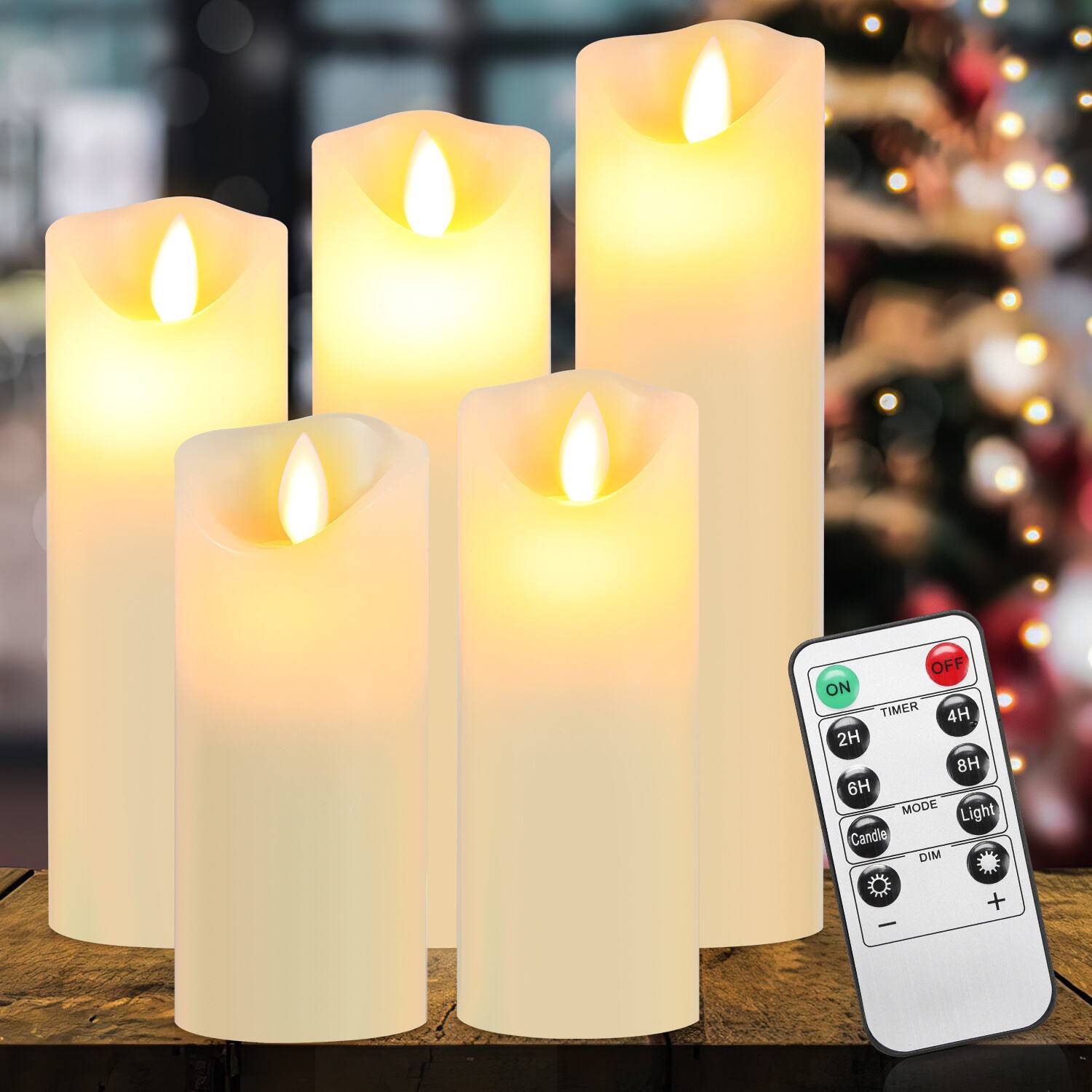 LED Kerzen 5er Set Echtwachs Flackernd Flammenlose mit Fernbedienung Timer Funktion & mehrstufig dimmbar bewegliche Flamme Echtwachskerzen Weiß