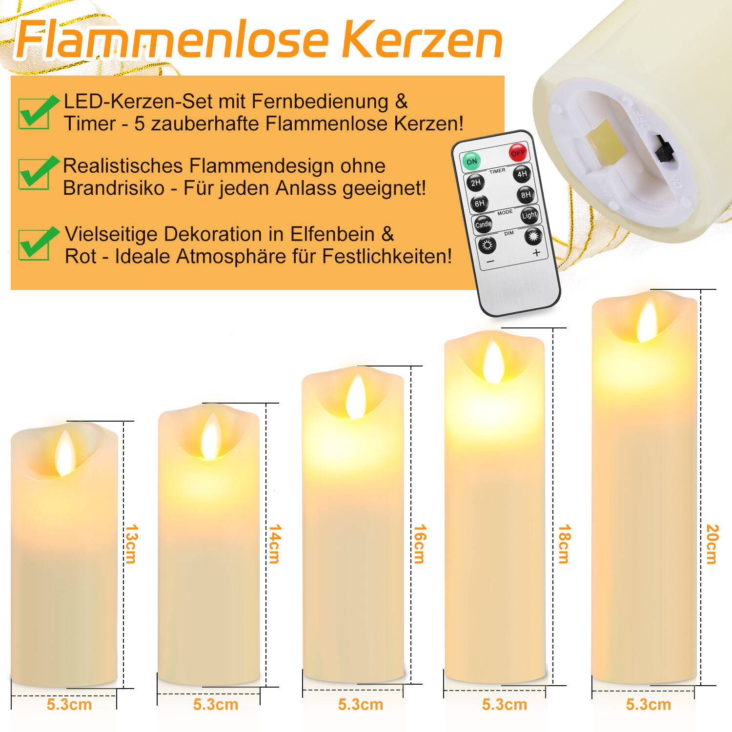 LED Kerzen 5er Set Echtwachs Flackernd Flammenlose mit Fernbedienung Timer Funktion & mehrstufig dimmbar bewegliche Flamme Echtwachskerzen Weiß