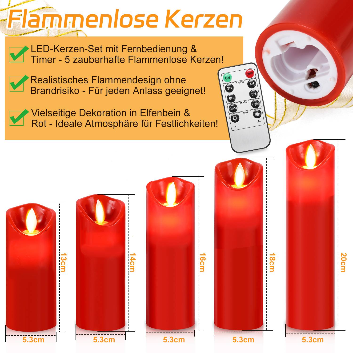 Werbung für ein flammenlose LED-Kerzen-Set mit Fernbedienung und Timer, das fünf rote Säulenkerzen in Höhen von 13 bis 20 cm und eine Fernbedienung zeigt.