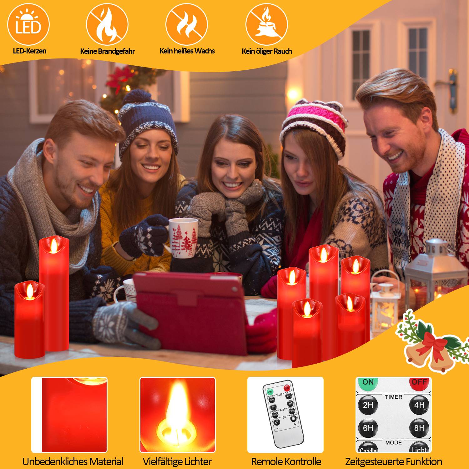 Gruppe junger Erwachsener, die sich um ein Tablet mit roten LED-Kerzen und einer Fernbedienung versammeln, um sichere flammenlose Kerzen für die Verwendung im Innenbereich zu bewerben.
