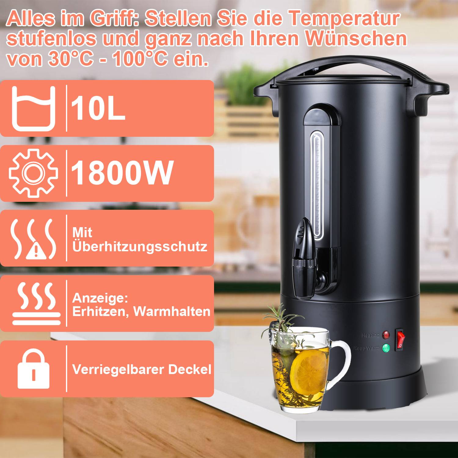 Deutsches Werbebild eines 10L, 1800W elektrischen Heißwasserkessel mit verstellbarer Temperatur von 30°C-100°C, Überhitzungsschutz, Warmhalteanzeige und verriegelbarem Deckel.