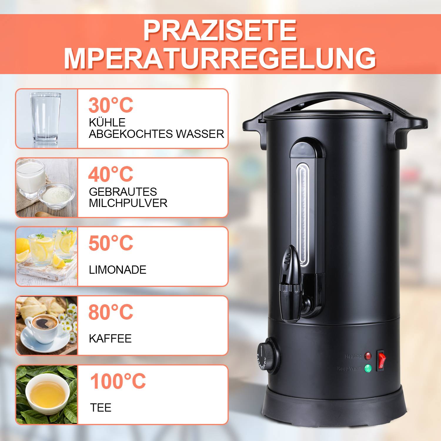 Infografik eines Heißwasserspenders mit voreingestellten Temperaturen: 30°C abgekühltes kochendes Wasser, 40°C für Milchpulver, 50°C Limonade, 80°C Kaffee, 100°C Tee.