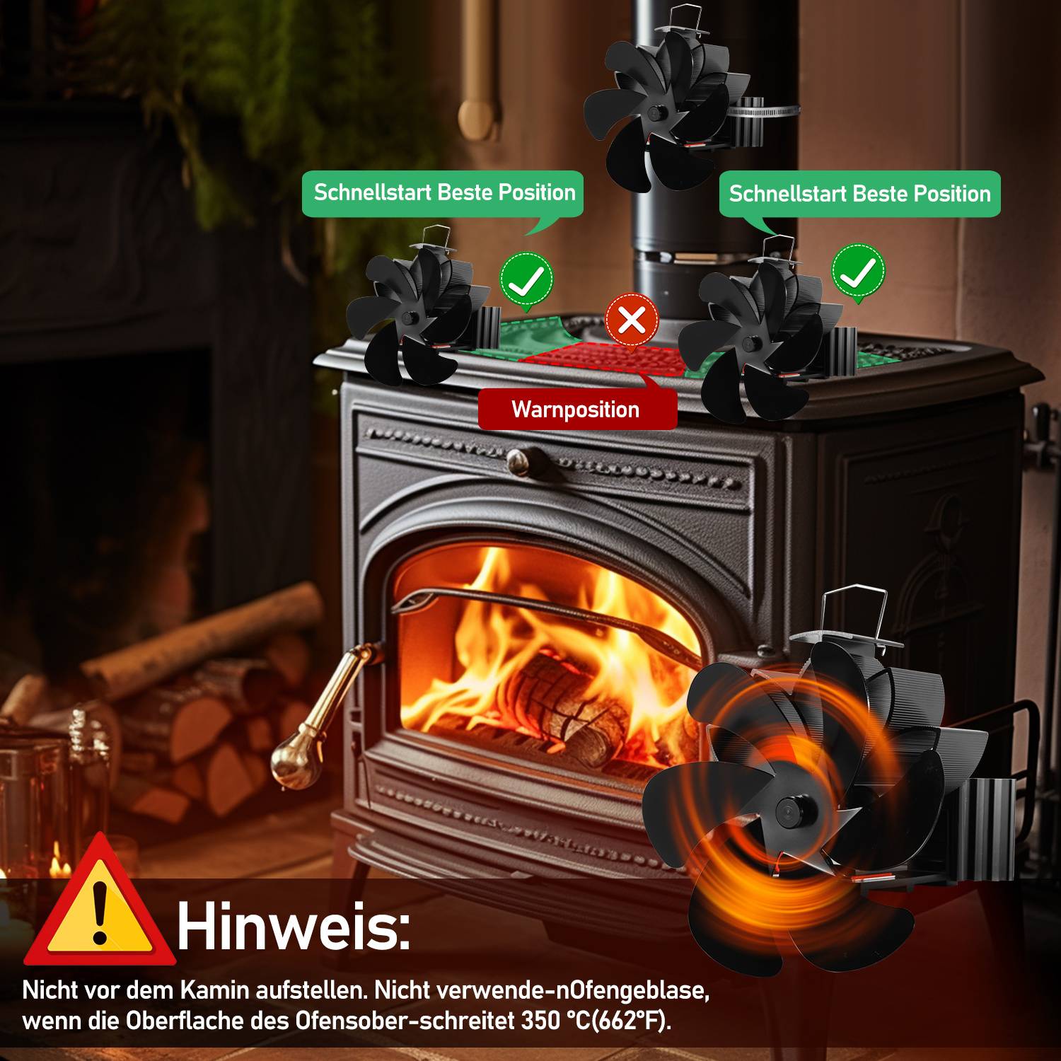 Kamin Ventilator mit 6 Flügeln, Magnetbefestigung, 2 Schellen, leiser Ofenventilator für Holz- und Gasöfen