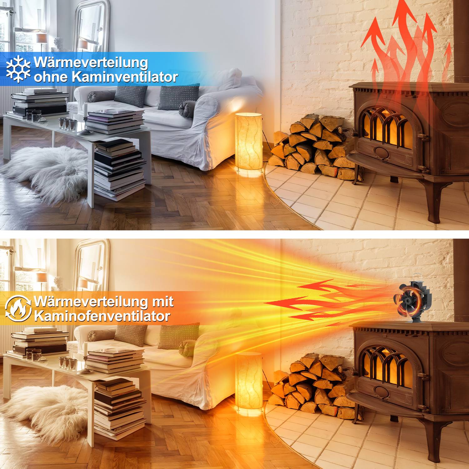 6 Blätter Kaminventilator Kaminofen Ventilator Heizbetriebener Ofenventilator ohne Strom Kamin Ofen Ventilator Holz/Scheitbrenner/Kamin(60 Grad
