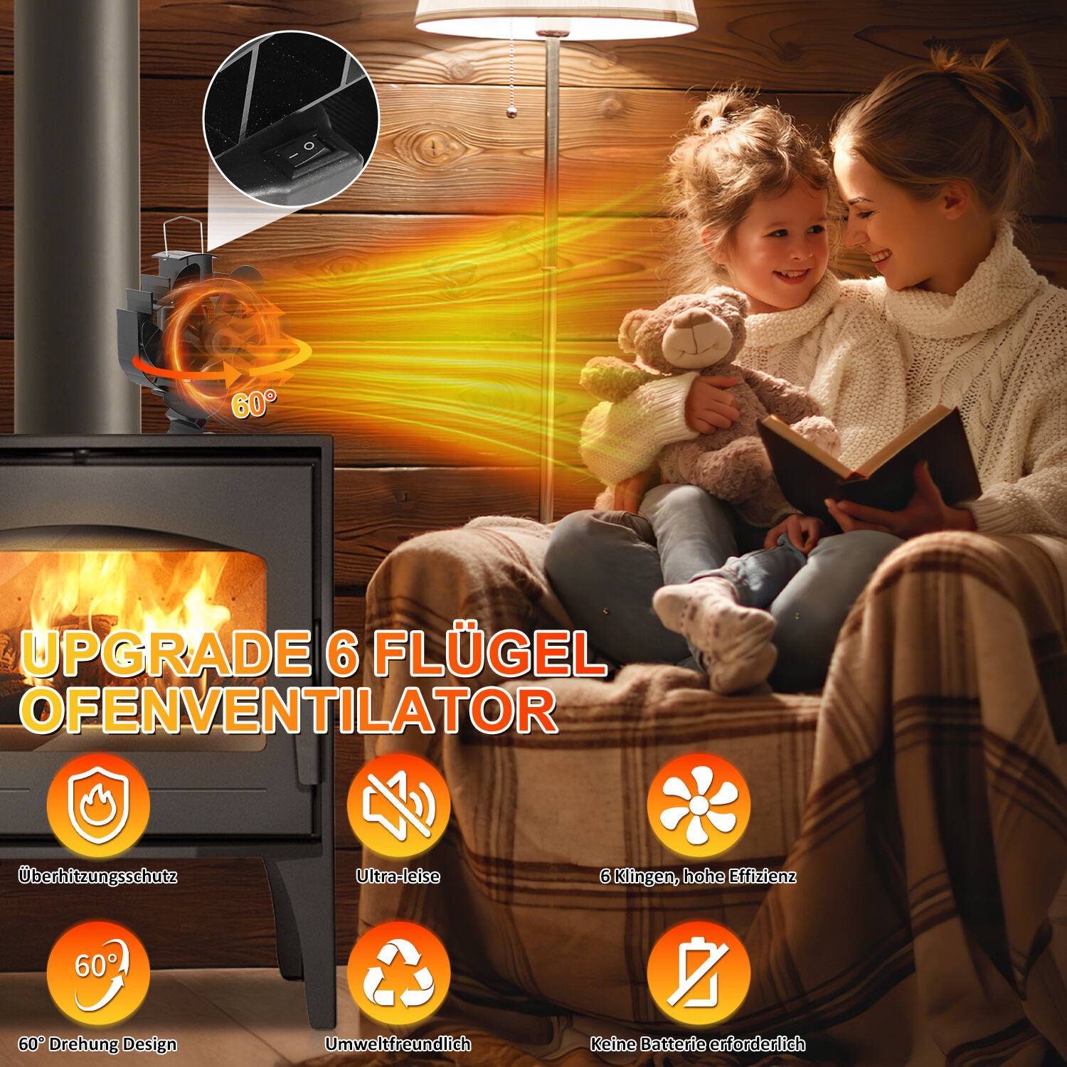 Kaminofen Ventilator - Karussell Ofenventilator wärmebetrieben - Kamin Ventilator - Lüfter für Kaminöfen Holzöfen Öfen - 6 Flügel Rotorblätter