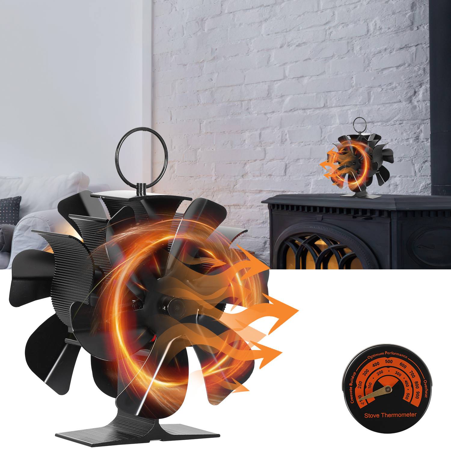 Kaminofen Ventilator - Zweiseitiges Modell Ofenventilator wärmebetrieben - Kamin Ventilator - Lüfter für Kaminöfen Holzöfen Öfen - 6 Flügel Rot