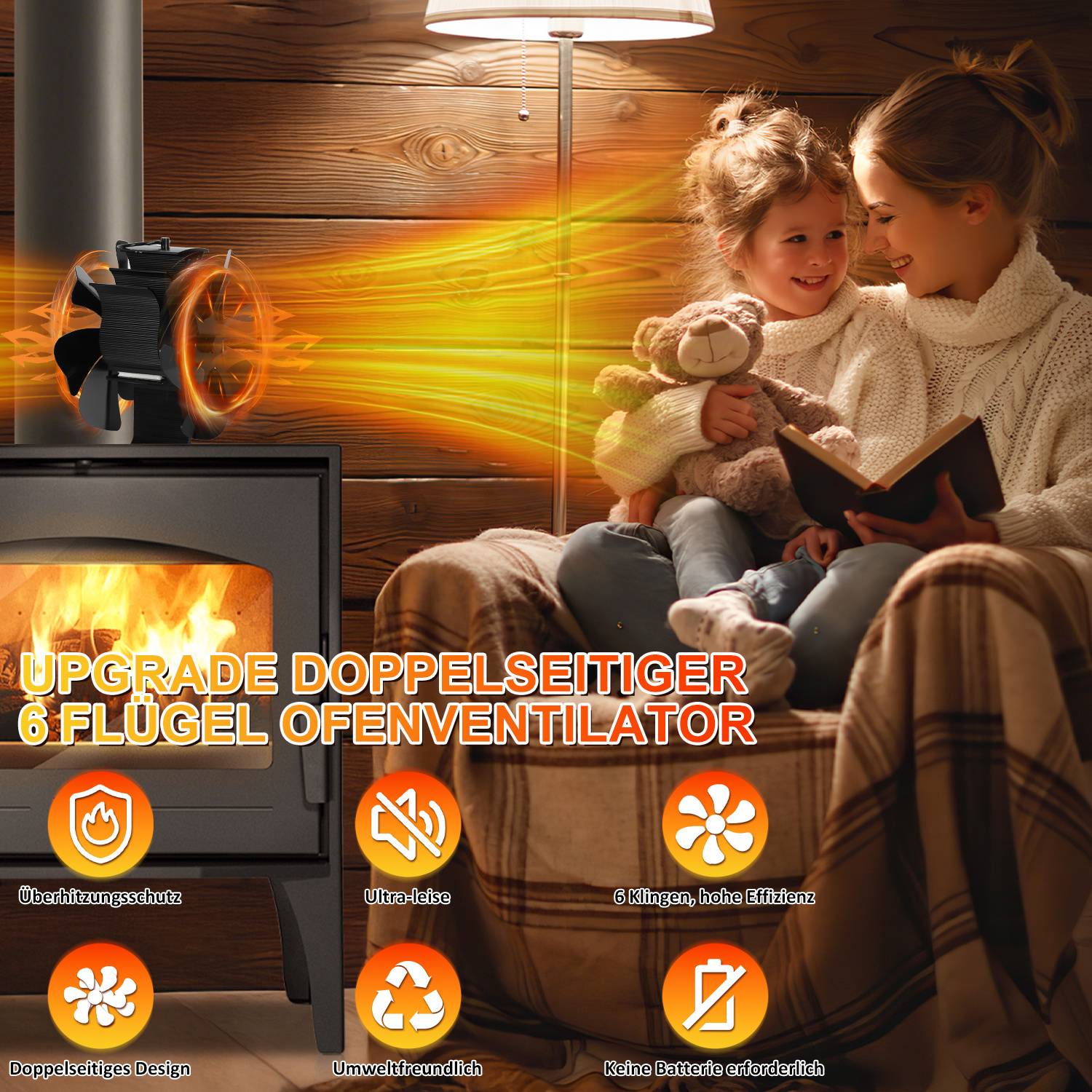 Kaminofen Ventilator - Zweiseitiges Modell Ofenventilator wärmebetrieben - Kamin Ventilator - Lüfter für Kaminöfen Holzöfen Öfen - 6 Flügel Rot