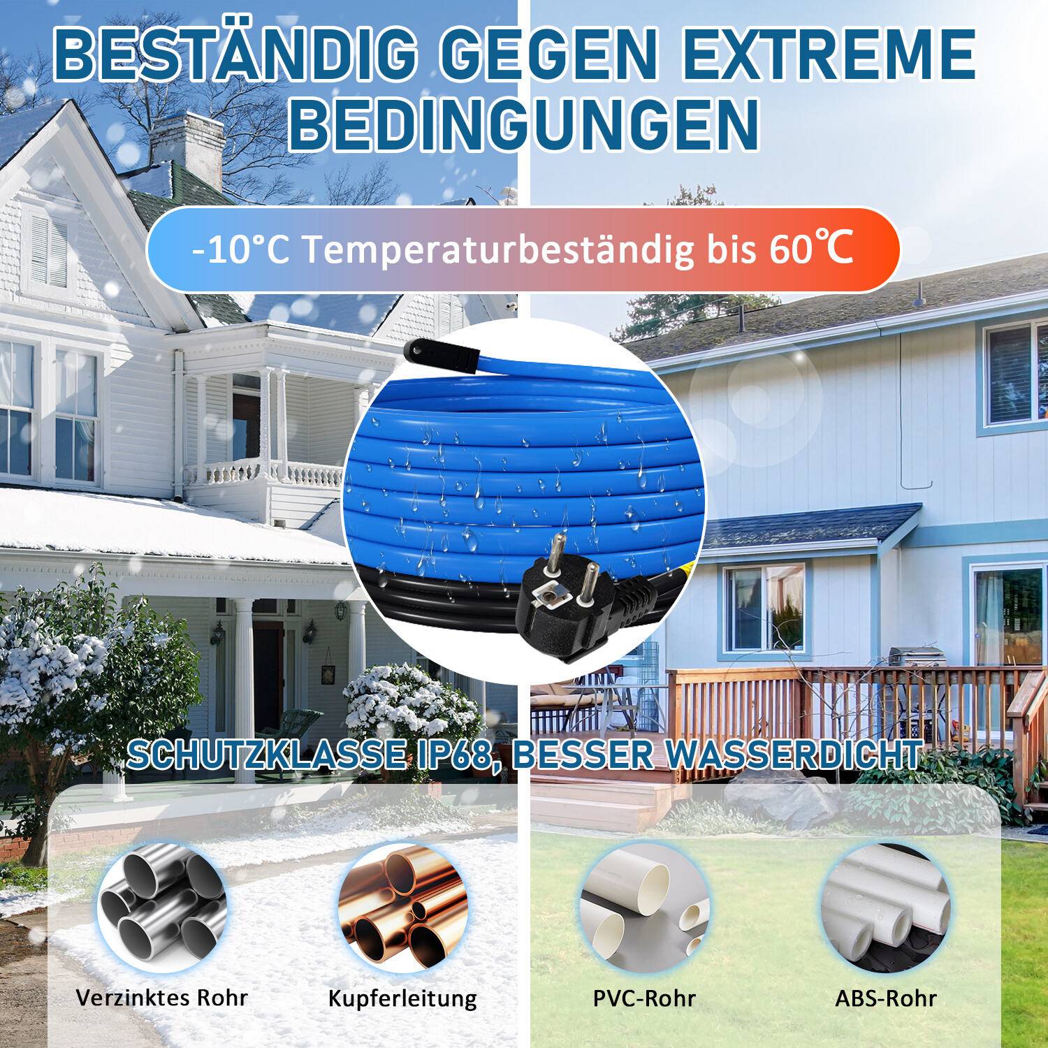 12m 204W Frostschutz Heizkabel mit Thermostat Rohrheizkabel Heizleitung für Wasserleitung Wasserdicht Rohrleitungen Inkl. 10m Klebeband IP68