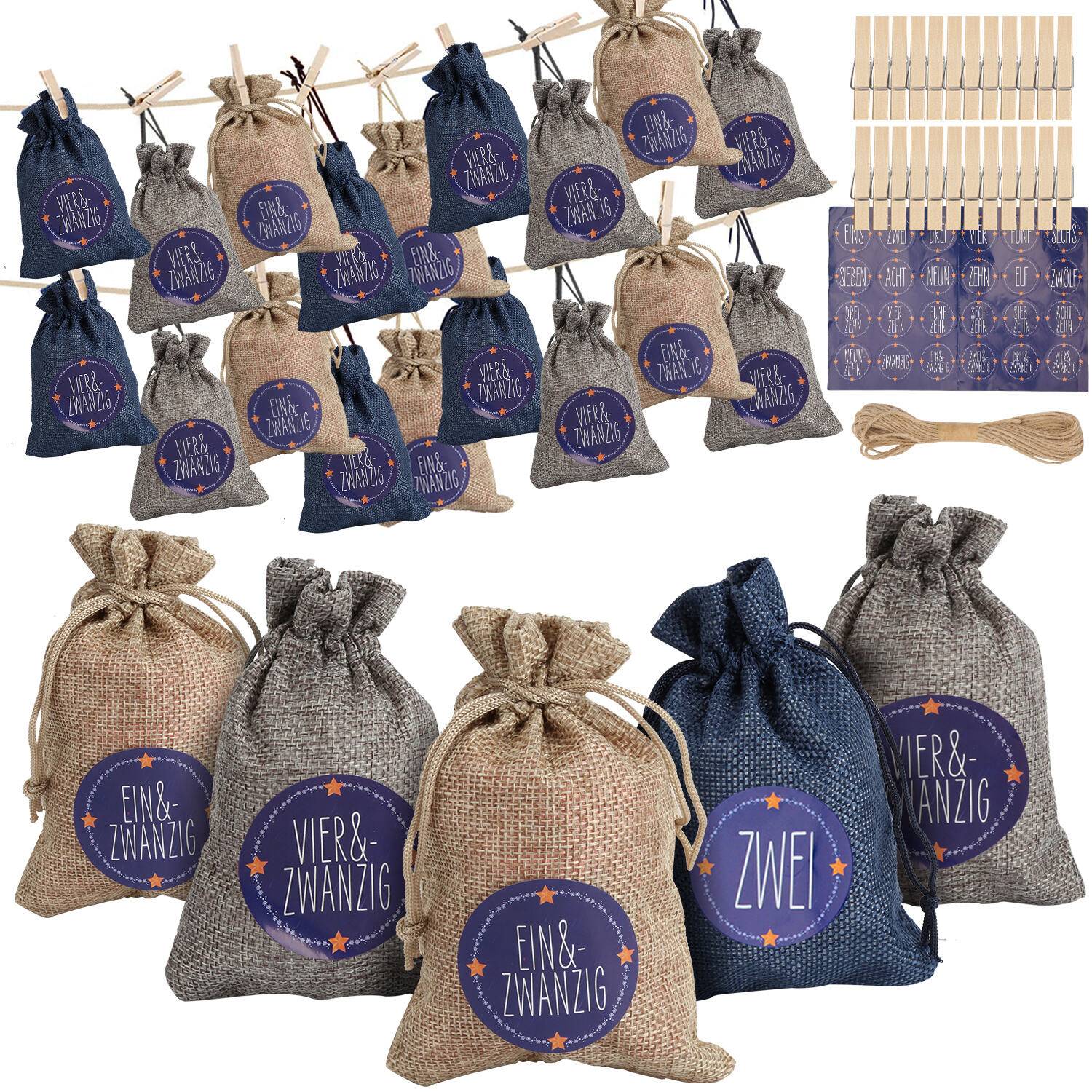 Adventskalender zum Befüllen 2025, 24 Stück Weihnachtskalender, Weihnachtsdeko Säckchen/Tüten, Säckchen DIY Weihnachtsdeko,Blau/weiß/grau