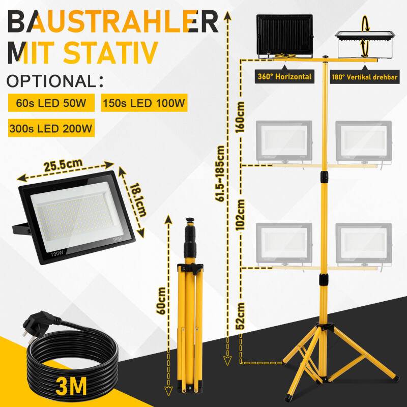 100W LED Baustrahler Flutlicht Scheinwerfer Außenstrahler Arbeitsleuchte Bauscheinwerfer IP66 Wasserdicht Kaltweiß