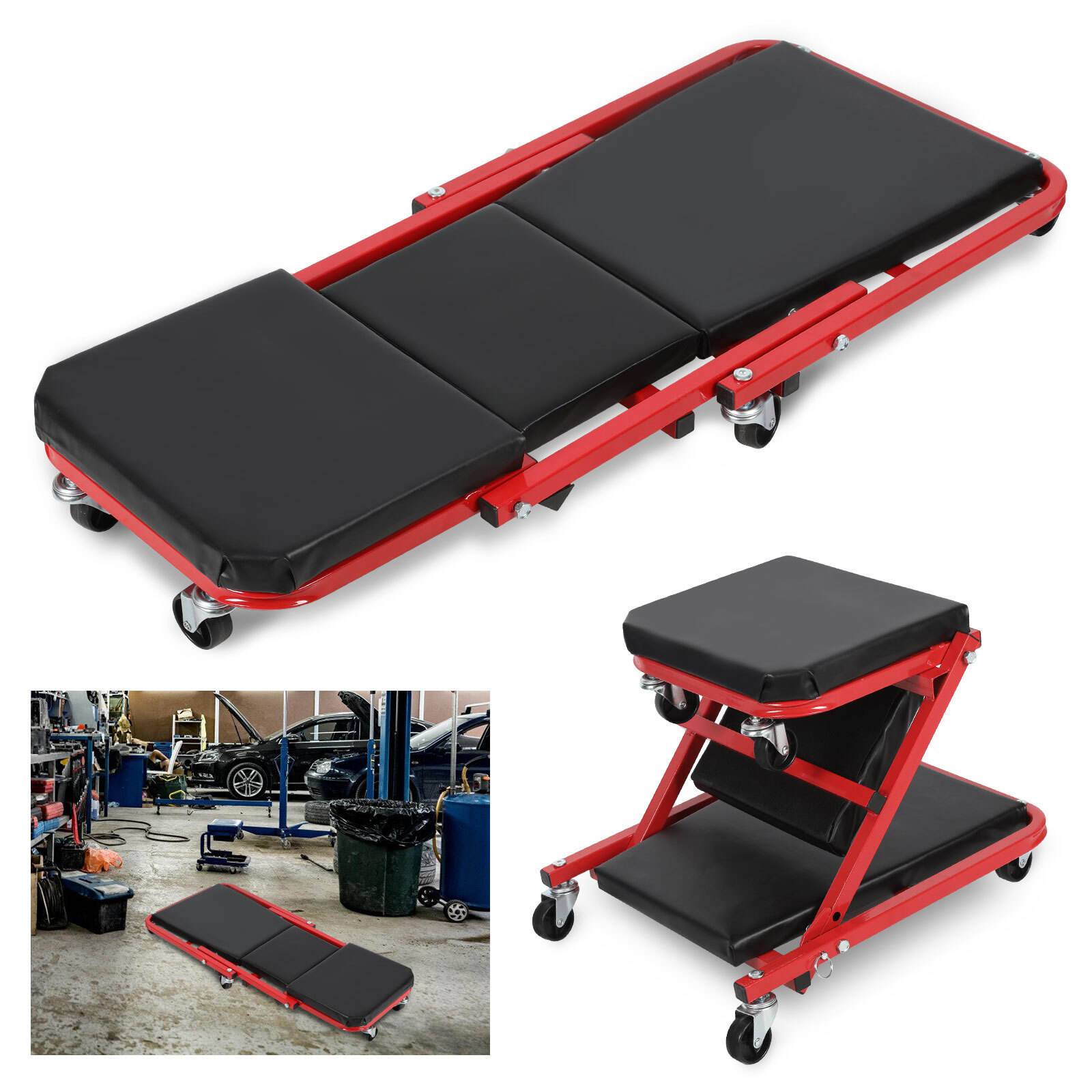 2in1 Montageliege & Klappsitz, rollbrett werkstatt, 6 Rollen, 150kg (Liege) / 120kg (Sitz) Tragkraft, Maße: Liege 91x41x12,5cm, Sitz 46x41x37cm