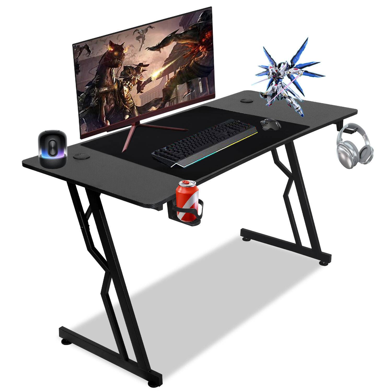 Gaming Tisch 120 x 60cm Gaming Schreibtisch Stabiler Computertisch PC Tisch Schwarz mit Getränkehalter & Kohlefaserbeschichtung für Kabel Gamer Tisc