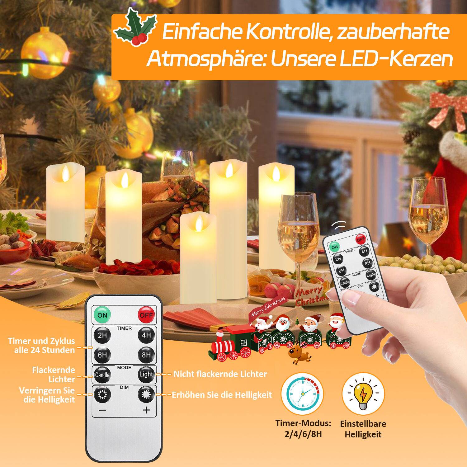 LED Kerzen 5er Set Echtwachs Flackernd Flammenlose mit Fernbedienung Timer Funktion & mehrstufig dimmbar bewegliche Flamme Echtwachskerzen Weiß