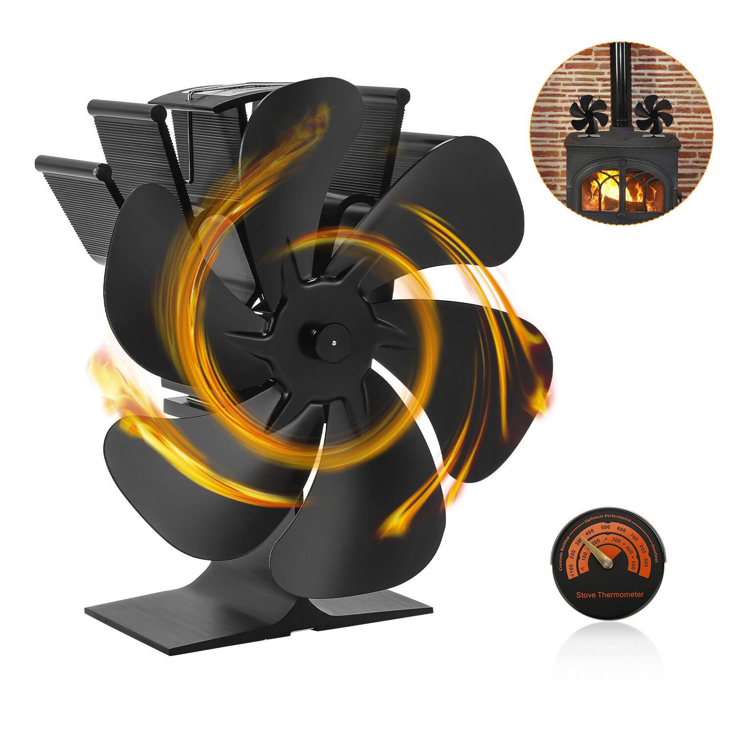Kaminofen Ventilator - Ofenventilator wärmebetrieben - Kamin Ventilator - Lüfter für Kaminöfen Holzöfen Öfen - 6 Flügel Rotorblätter – Wärm