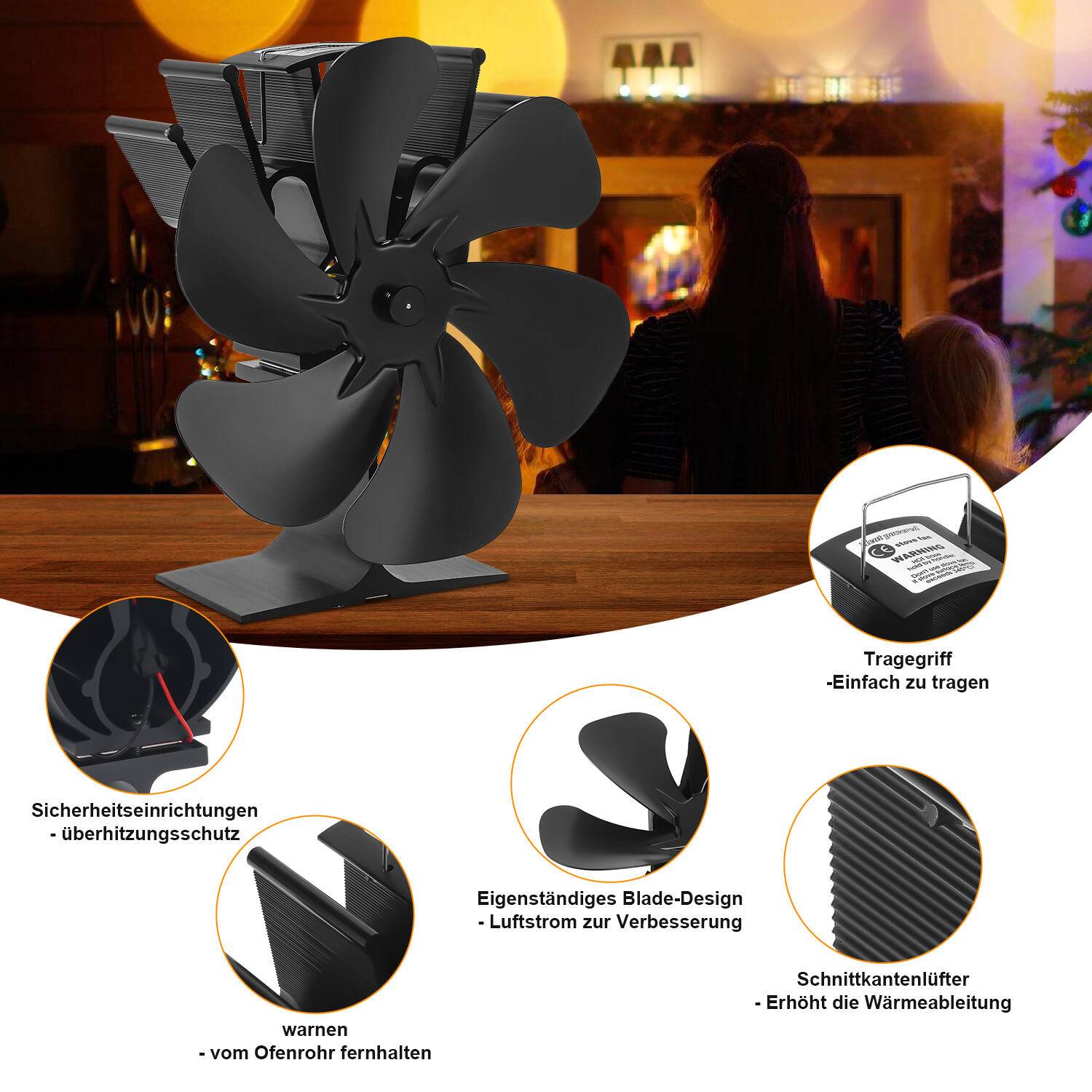 Kaminofen Ventilator - Ofenventilator wärmebetrieben - Kamin Ventilator - Lüfter für Kaminöfen Holzöfen Öfen - 6 Flügel Rotorblätter – Wärm