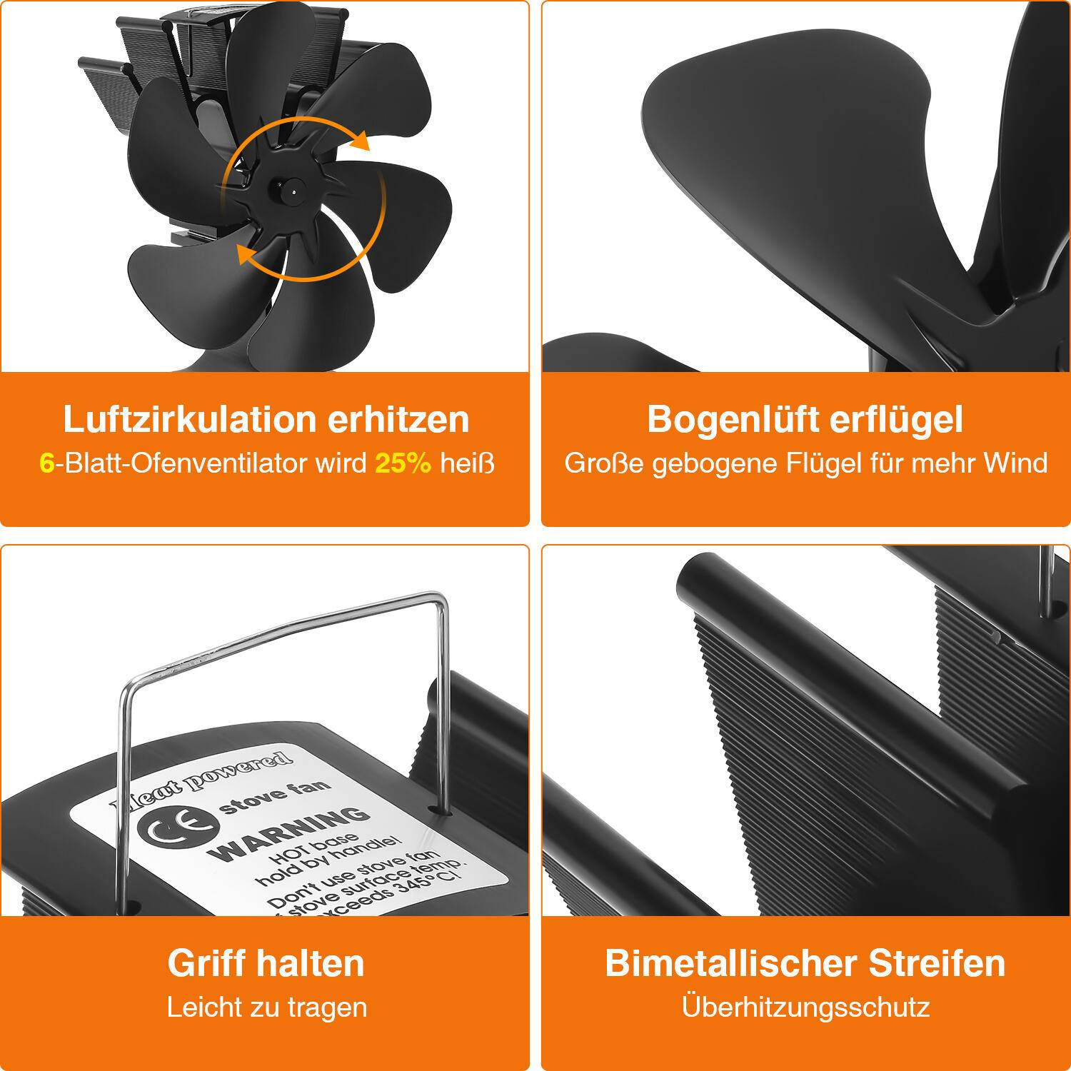 Kaminofen Ventilator - Ofenventilator wärmebetrieben - Kamin Ventilator - Lüfter für Kaminöfen Holzöfen Öfen - 6 Flügel Rotorblätter – Wärm