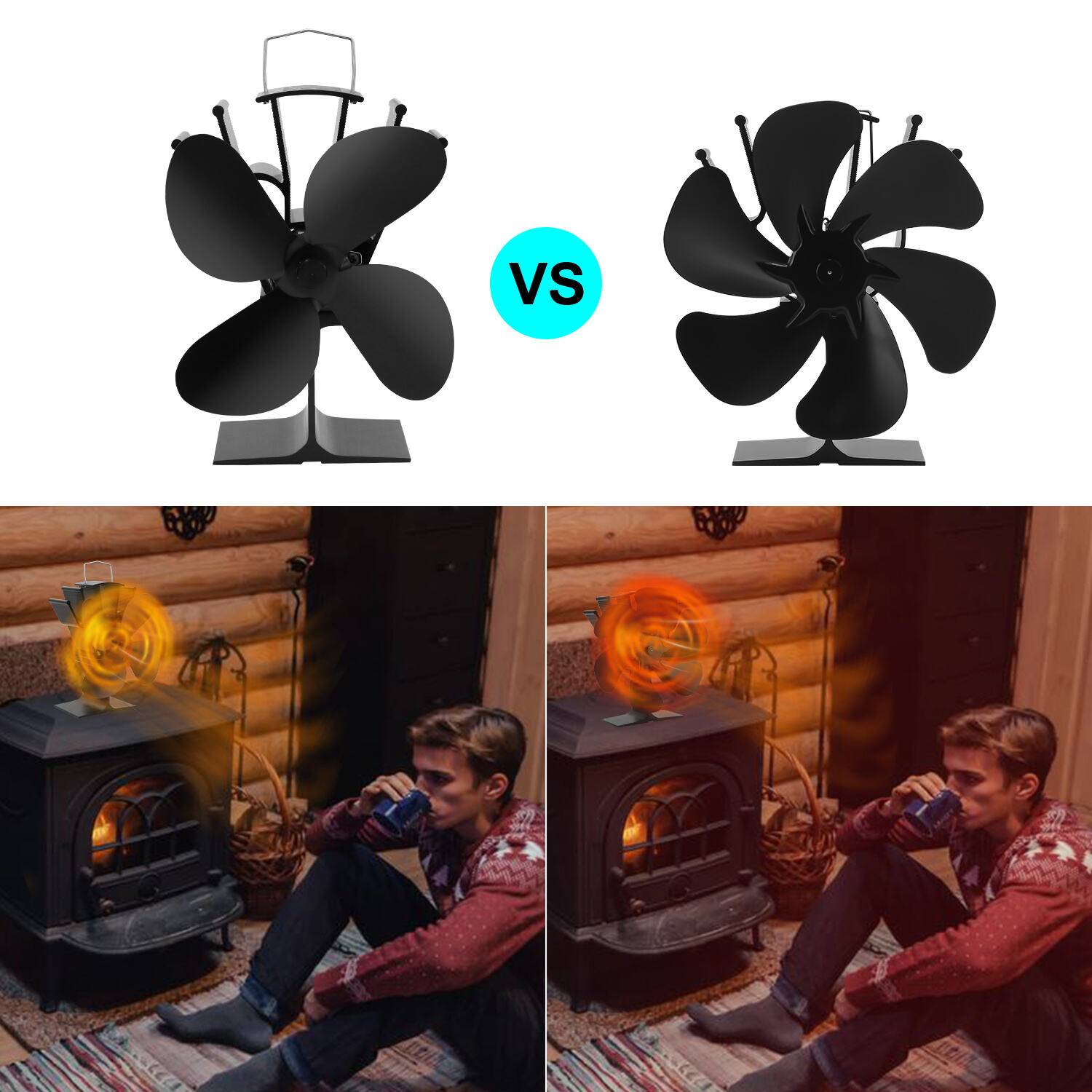 Kaminofen Ventilator - Ofenventilator wärmebetrieben - Kamin Ventilator - Lüfter für Kaminöfen Holzöfen Öfen - 6 Flügel Rotorblätter – Wärm