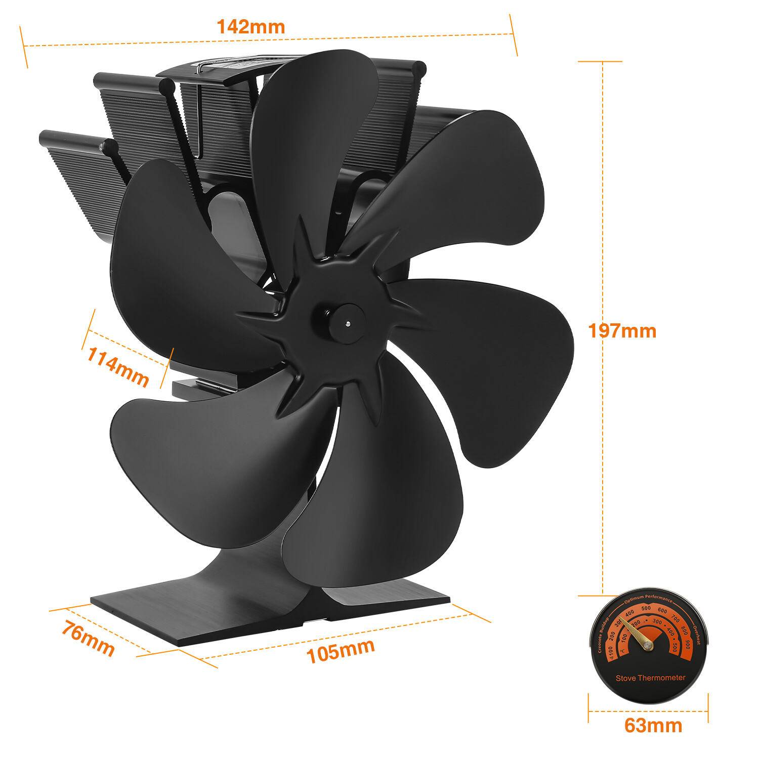 Kaminofen Ventilator - Ofenventilator wärmebetrieben - Kamin Ventilator - Lüfter für Kaminöfen Holzöfen Öfen - 6 Flügel Rotorblätter – Wärm