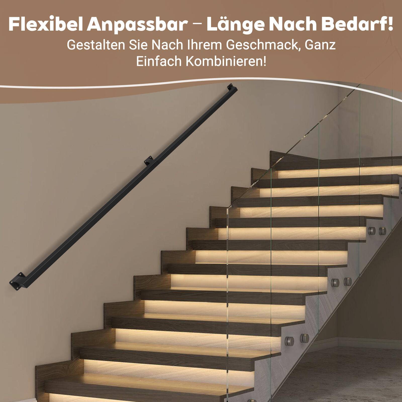 Handlauf treppe Handlauf Set Metall Schwarz pulverbeschichteter Treppenhandlauf pflegeleicht und langlebig 180cm Treppengeländer