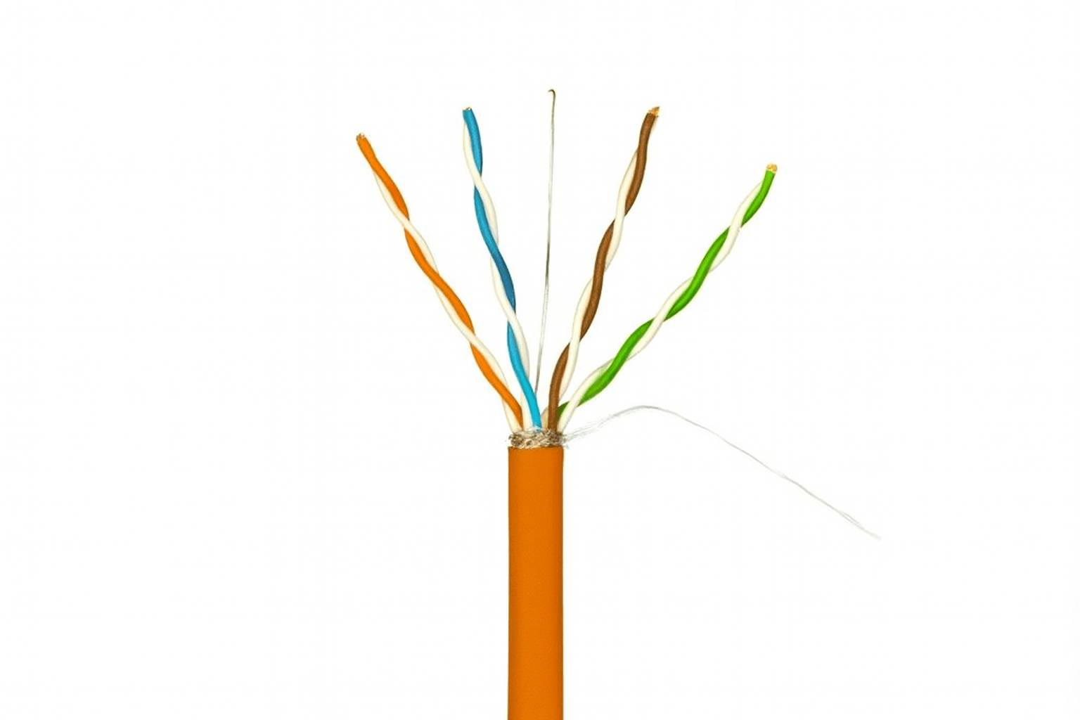 Ein orange-farbenes Netzwerkkabel mit vier freiliegenden verdrillten Drahtpaaren, die farbcodierte Drähte in Blau, Orange, Weiß und Grün zeigen.