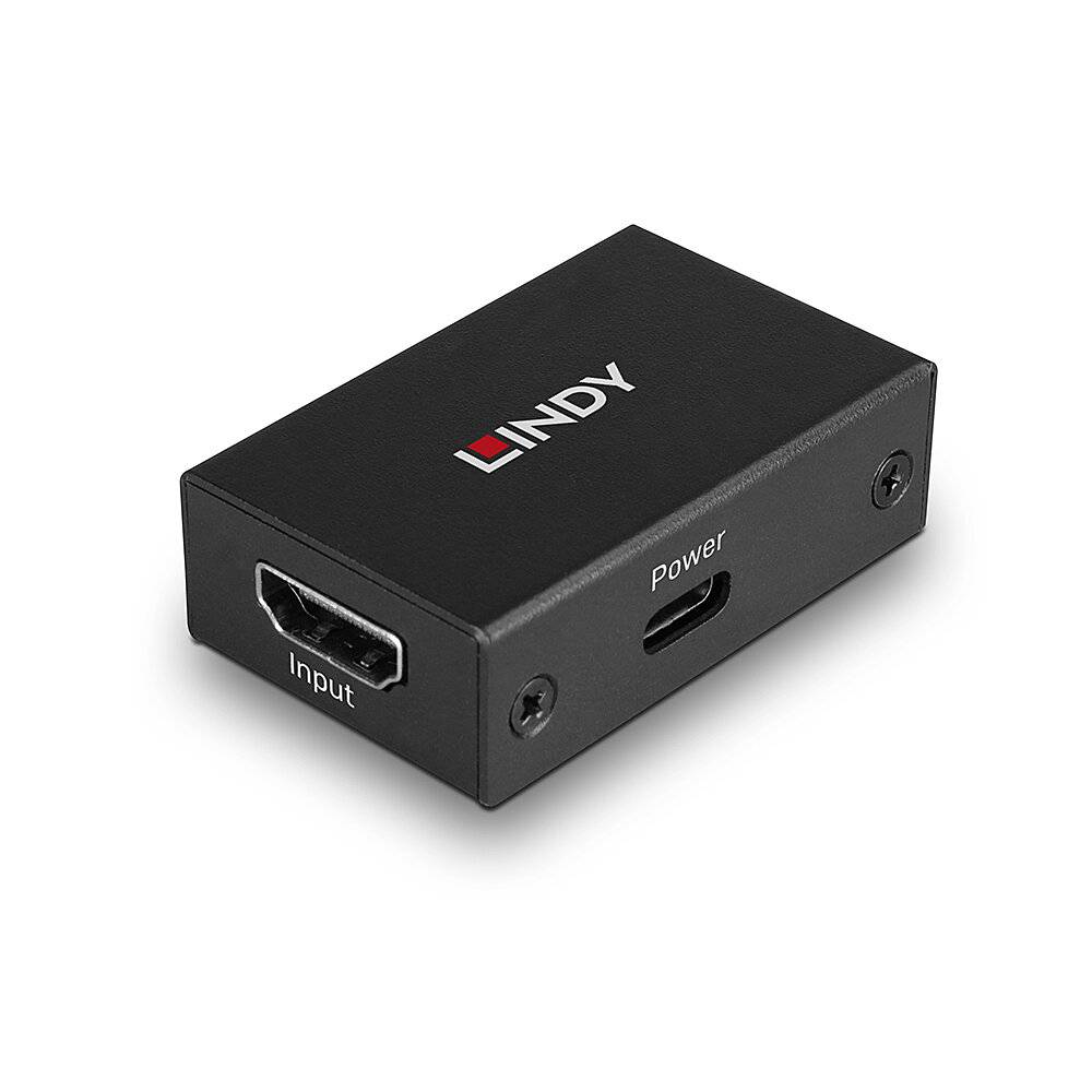 Schwarze Lindy HDMI-Adapterbox mit gekennzeichneten 