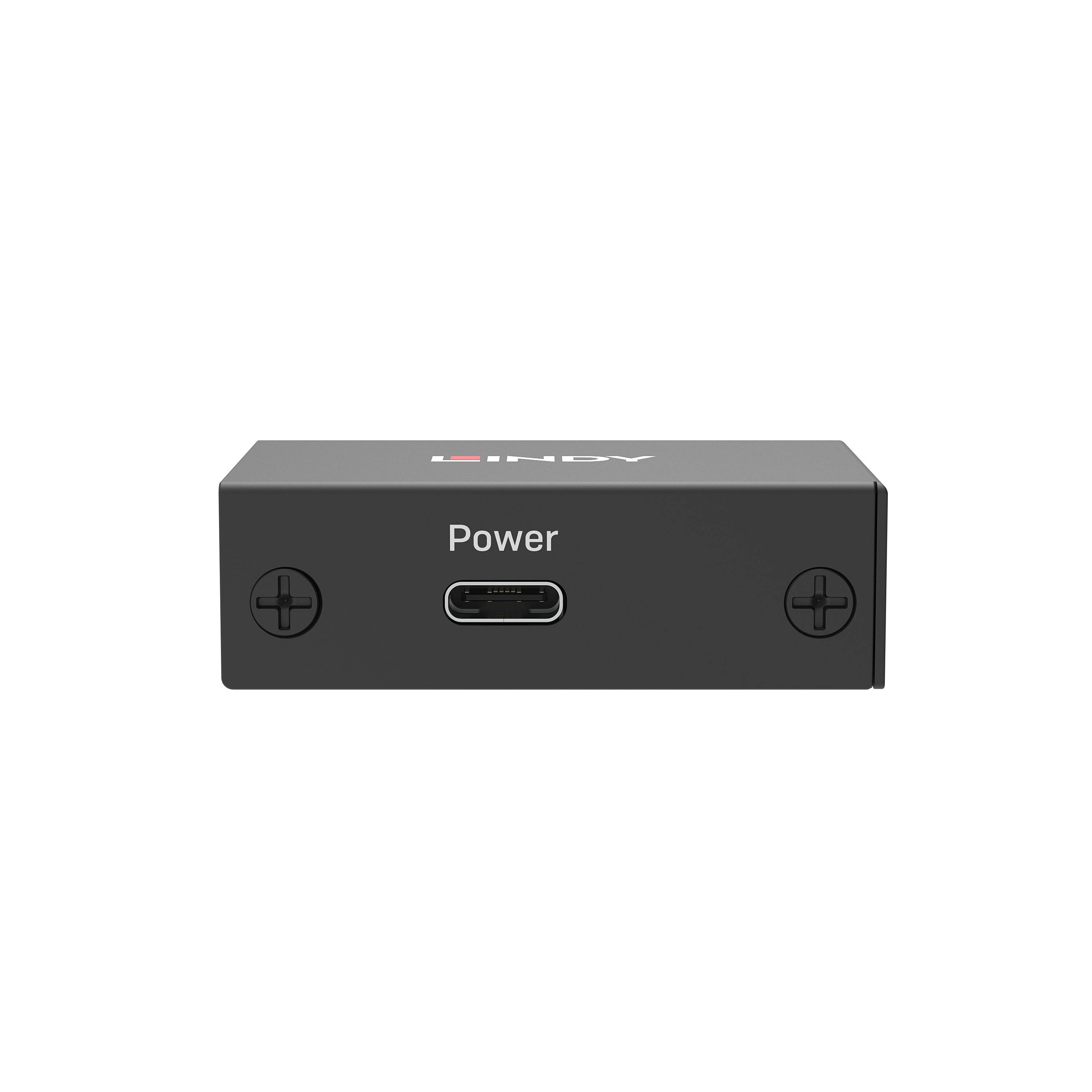 Kleiner schwarzer Stromadapter mit USB-C-"Power""-Anschluss und zwei runden Schraubpunkten auf der Vorderseite.