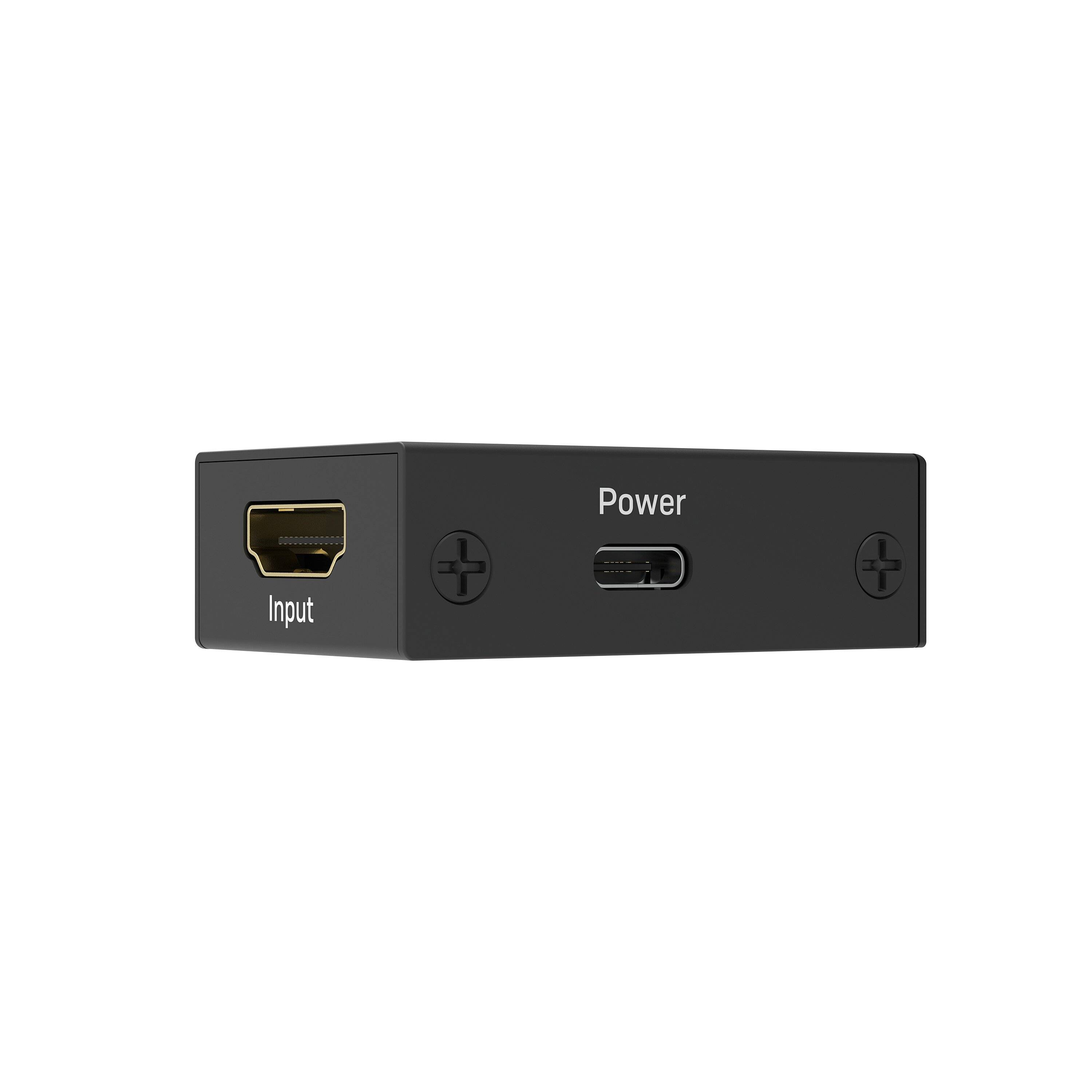 Schwarze HDMI-Eingangs- und Stromadapterbox mit beschrifteten Anschlüssen auf weißem Hintergrund.