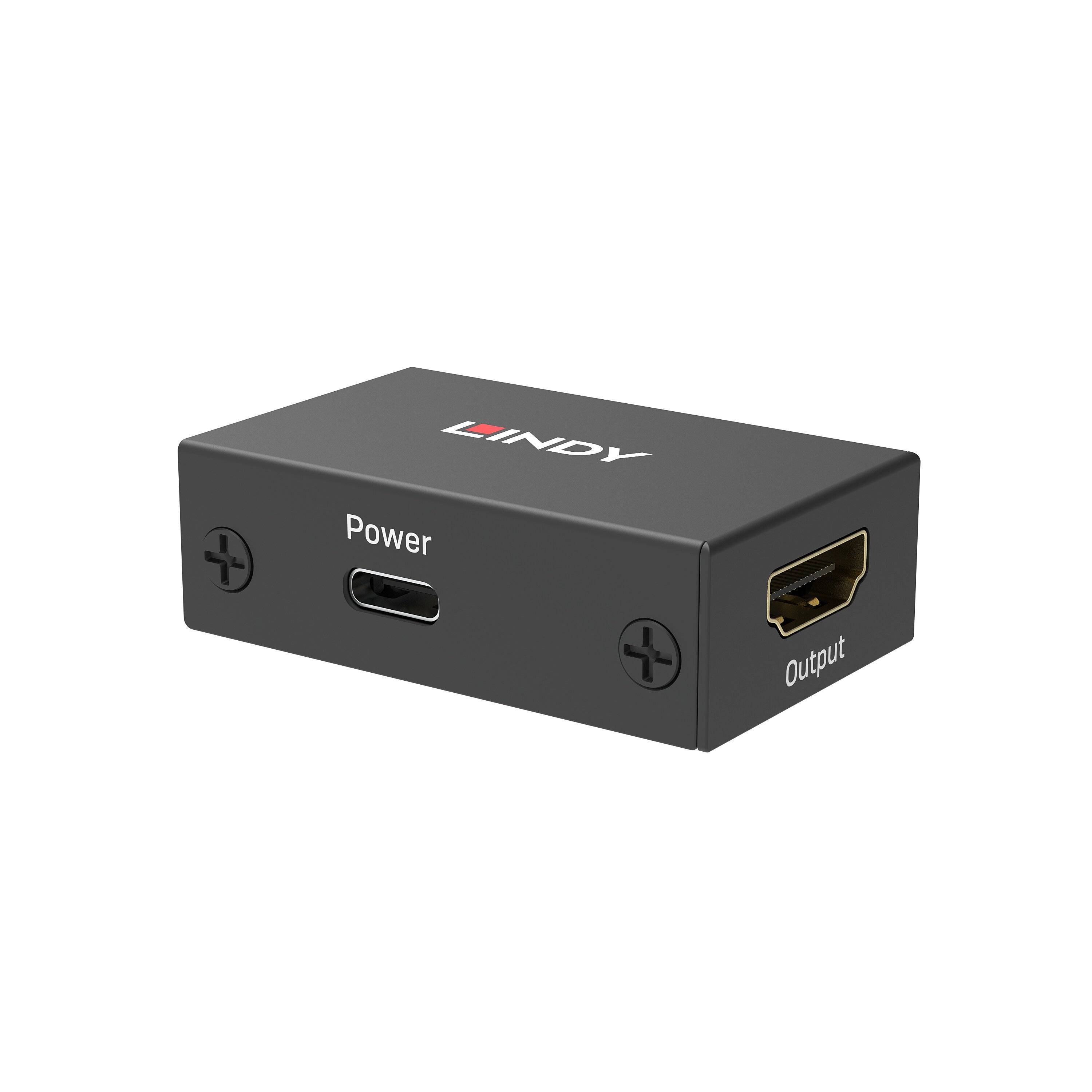 Schwarze LINDY-Adapterbox mit USB-C-Stromeingang und HDMI-Ausgabeanschlüssen an der Vorder- und Seitenseite.