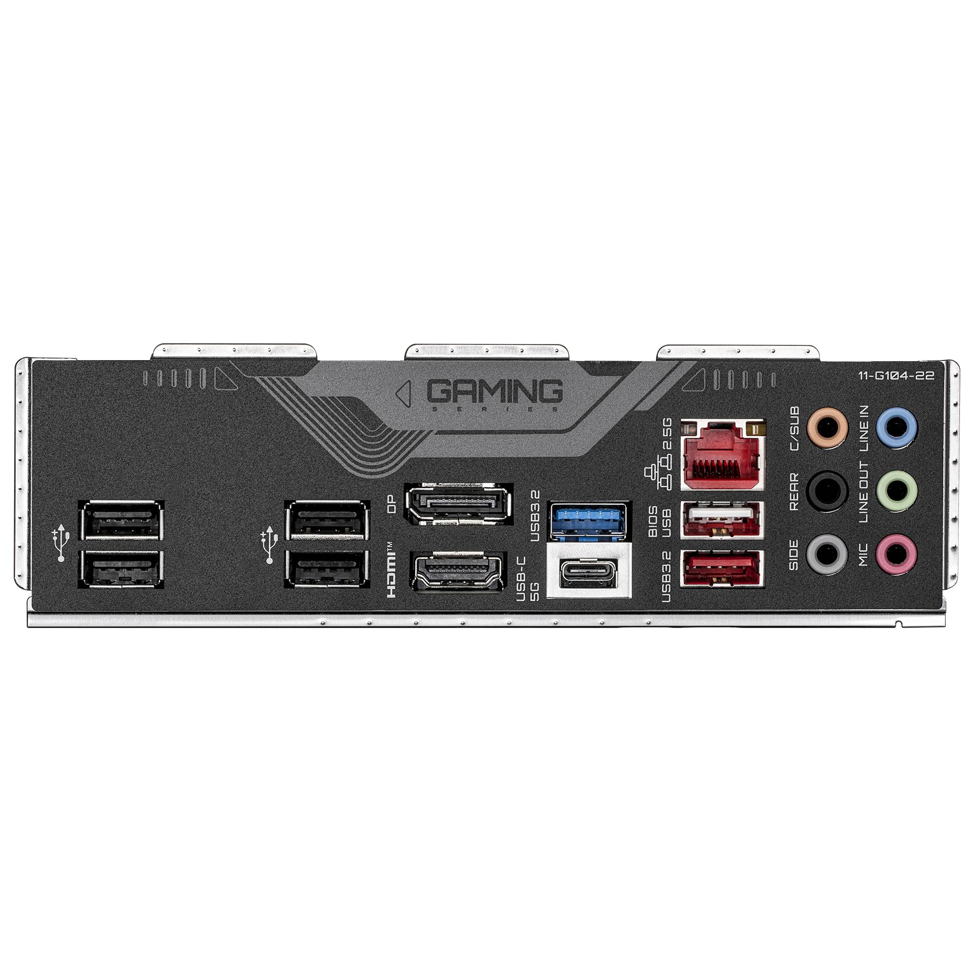 Rückseitiges Motherboard-Ein-/Ausgabepanel mit USB, HDMI, USB-C, Ethernet und Audiobuchsen auf einem Gaming-Motherboard.