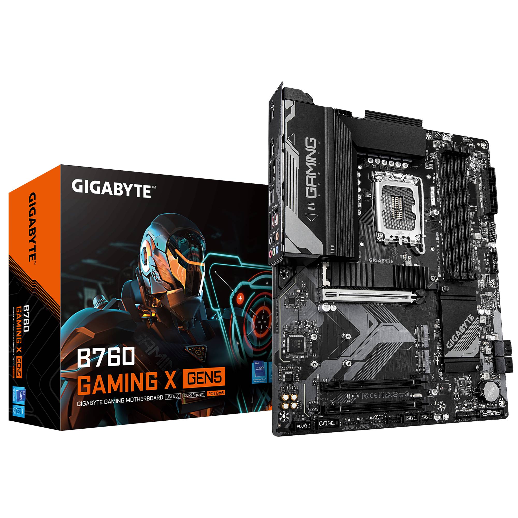 Gigabyte B760 Gaming X Gen5 Motherboard neben seiner Einzelhandelverpackung gezeigt, mit Intel B760 Chipset-Branding und ATX-Layout.