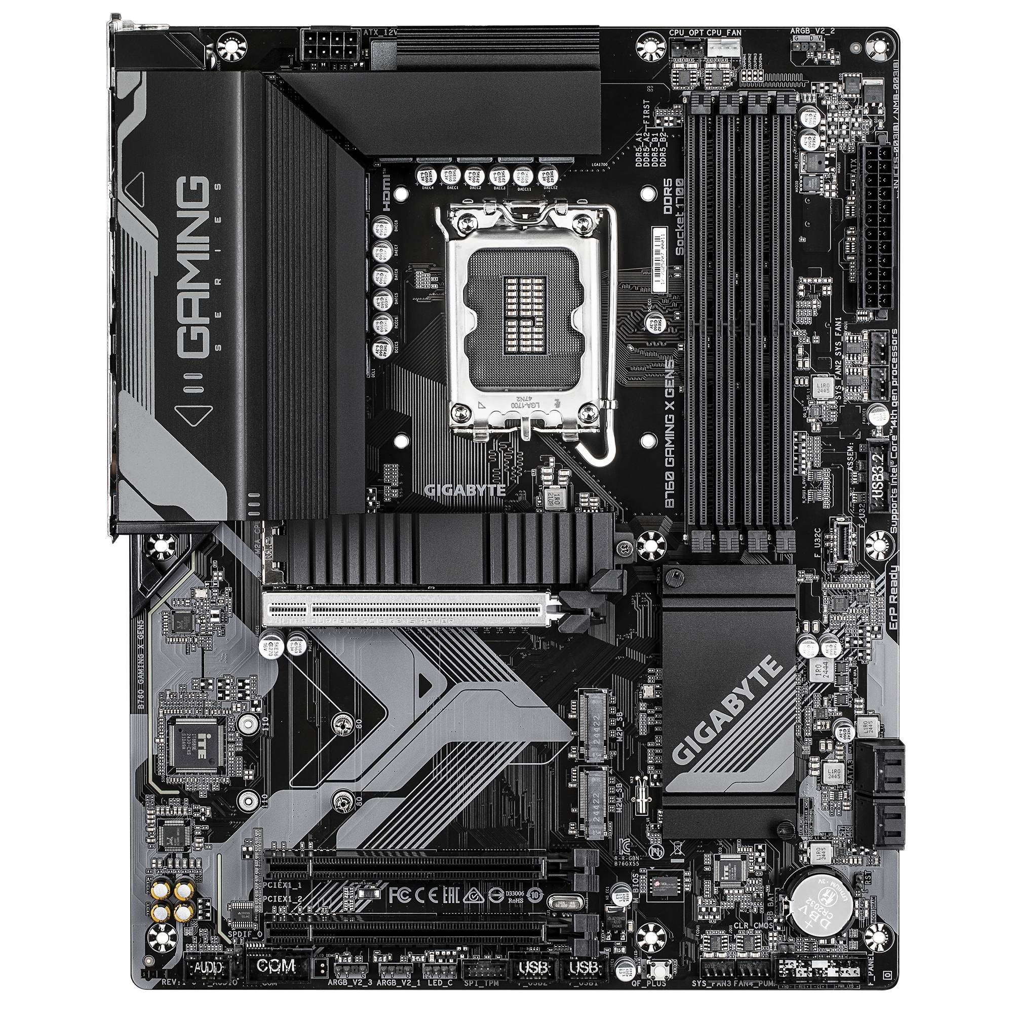 Gigabyte Gaming-Motherboard mit Intel-CPU-Sockel, vier RAM-Steckplätzen, PCIe-Steckplätzen, Kühlkörpern und Stromverbindern.